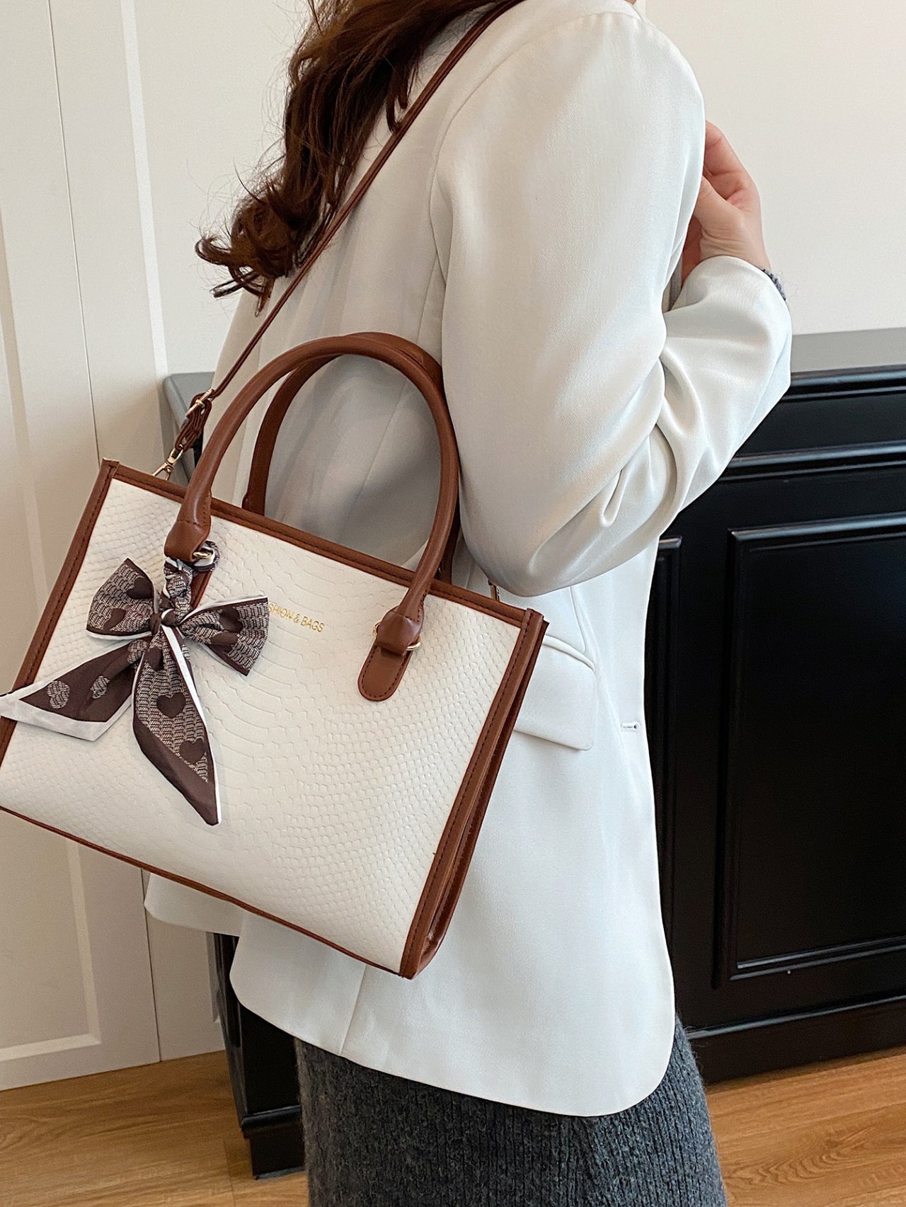 Brown Crossbody Bag with Scarf Accent