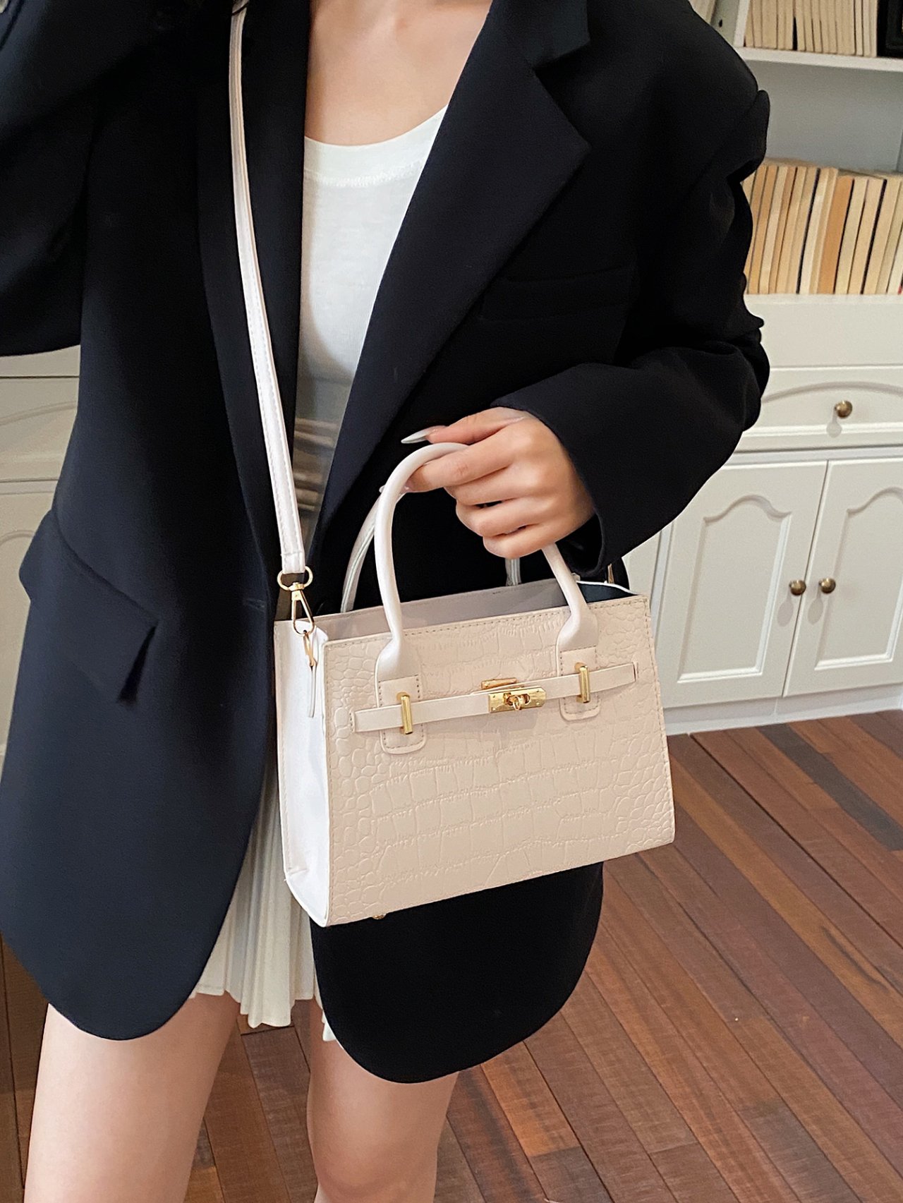 White Croc-Embossed Crossbody Bag