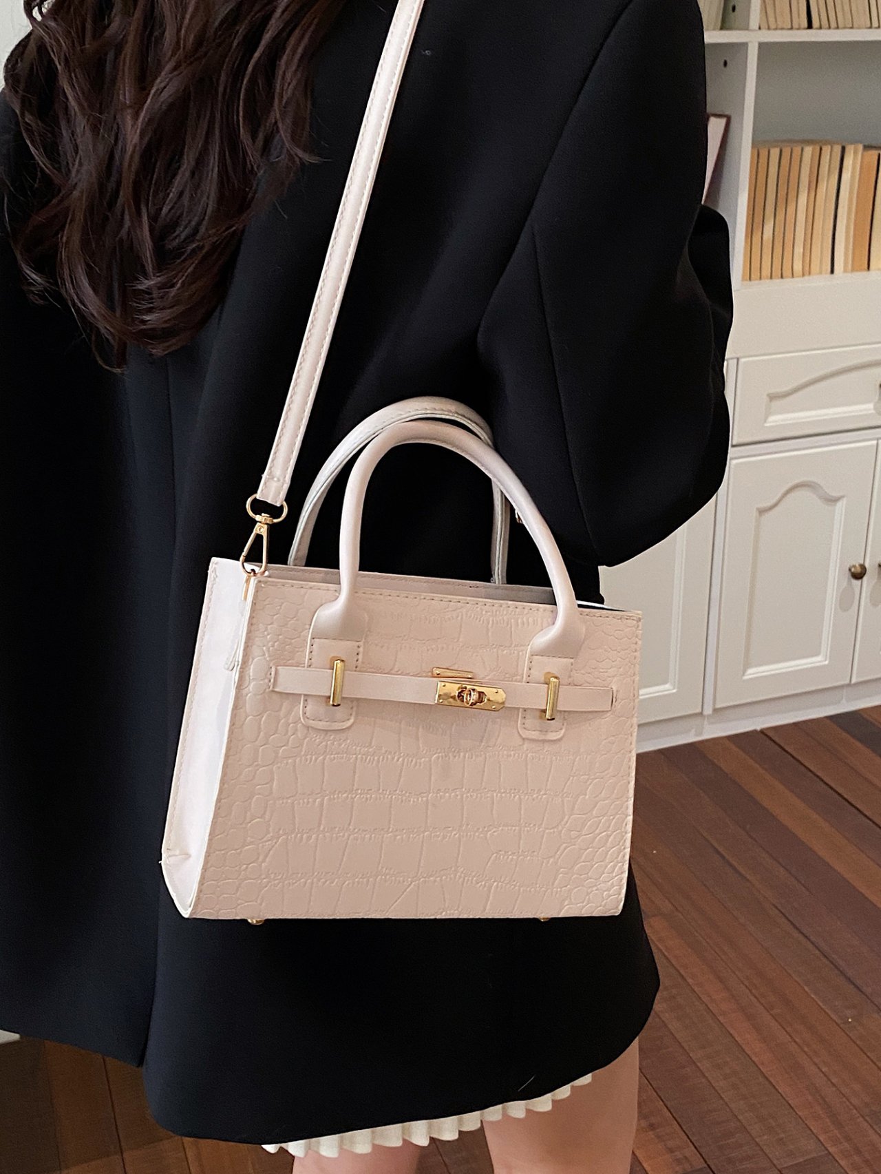 White Croc-Embossed Crossbody Bag