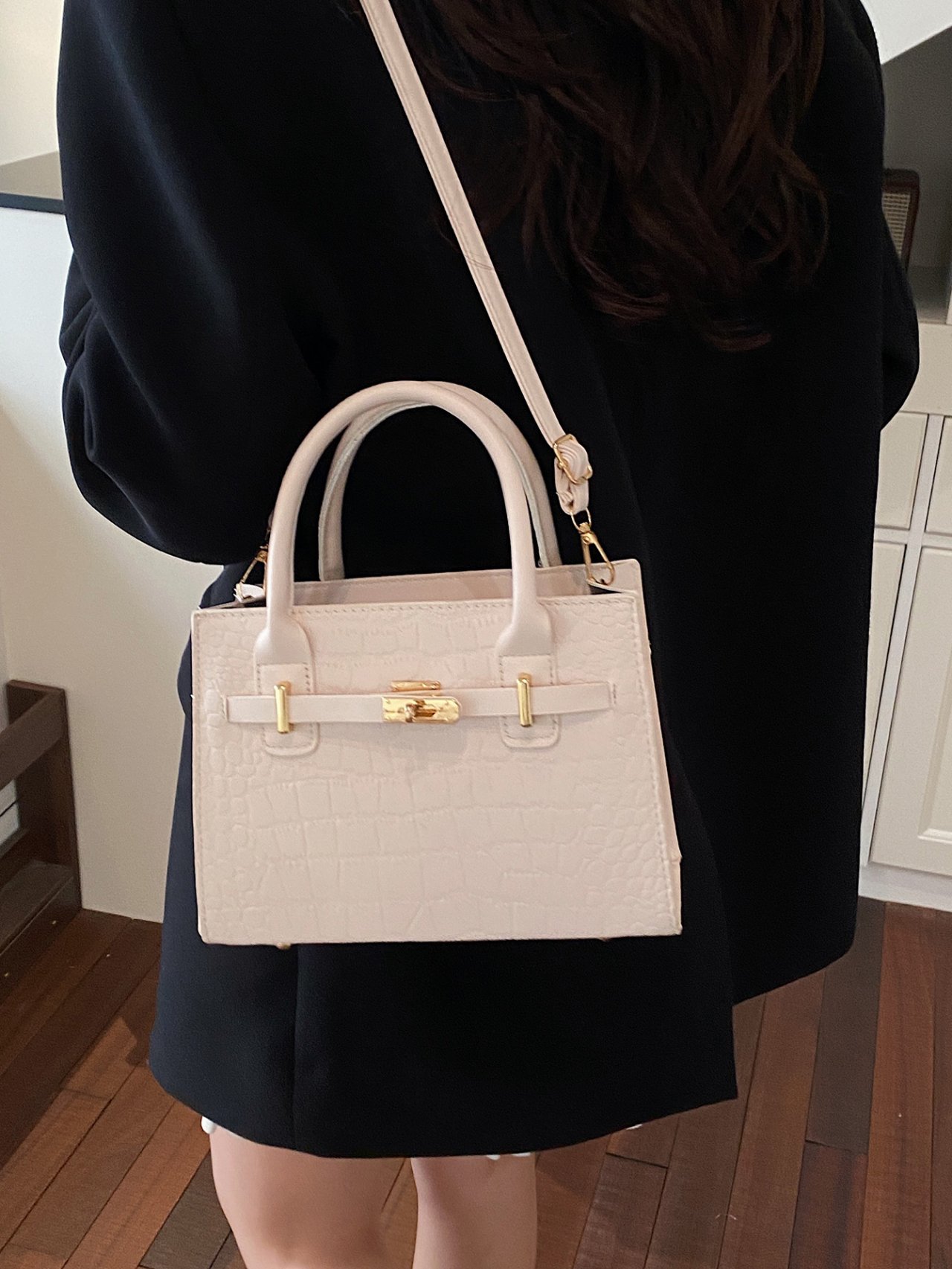 White Croc-Embossed Crossbody Bag