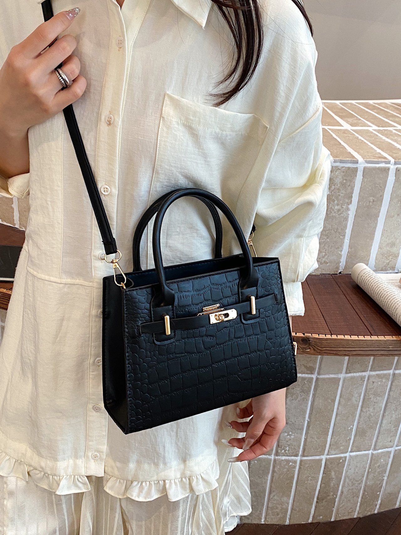 Black Croc-Embossed Shoulder Bag with Top Handle