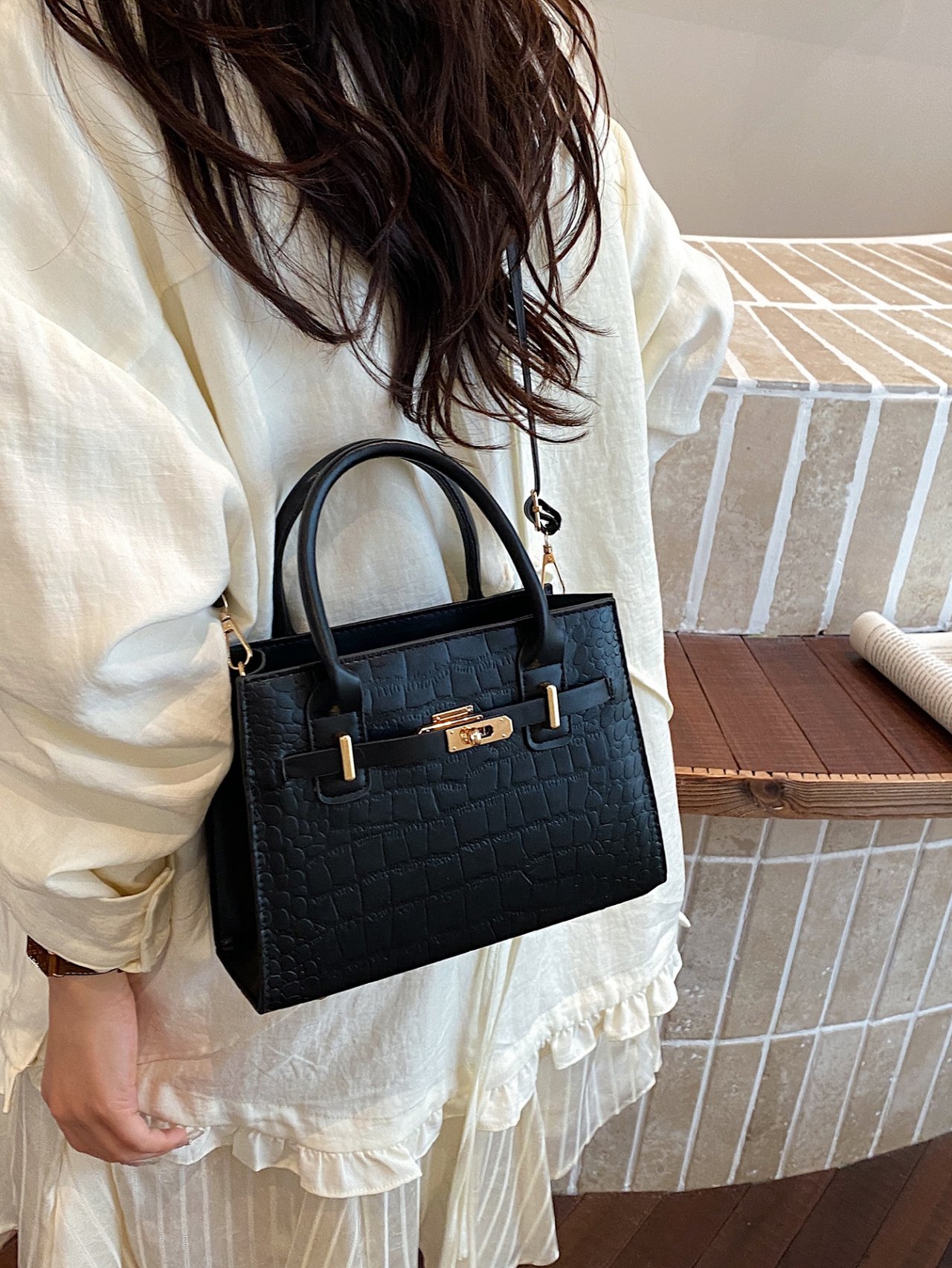 Black Croc-Embossed Shoulder Bag with Top Handle