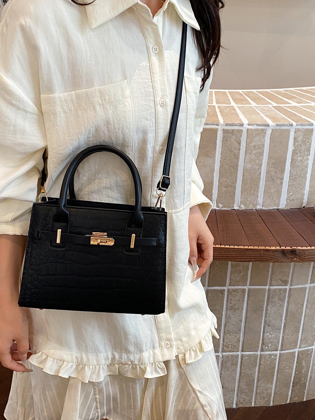 Black Croc-Embossed Shoulder Bag with Top Handle
