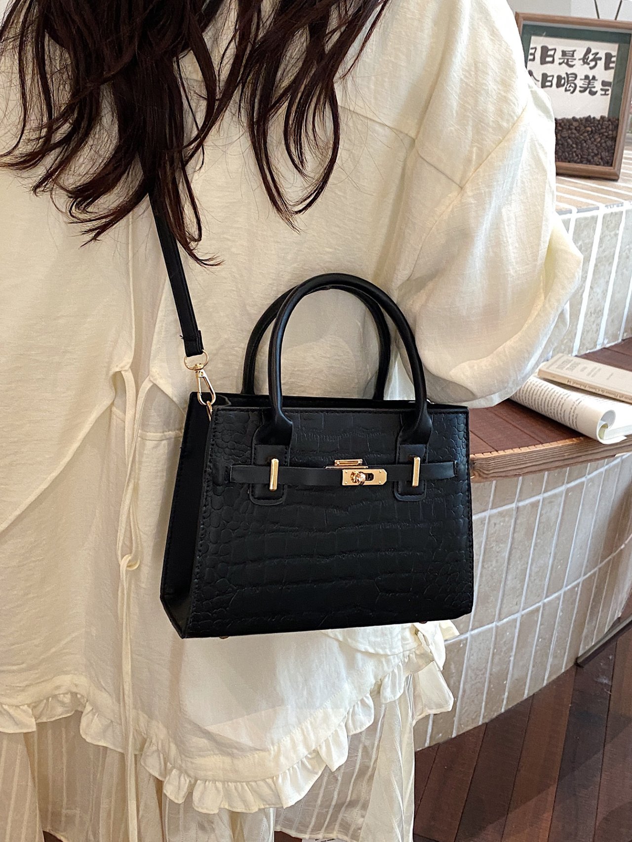 Black Croc-Embossed Shoulder Bag with Top Handle