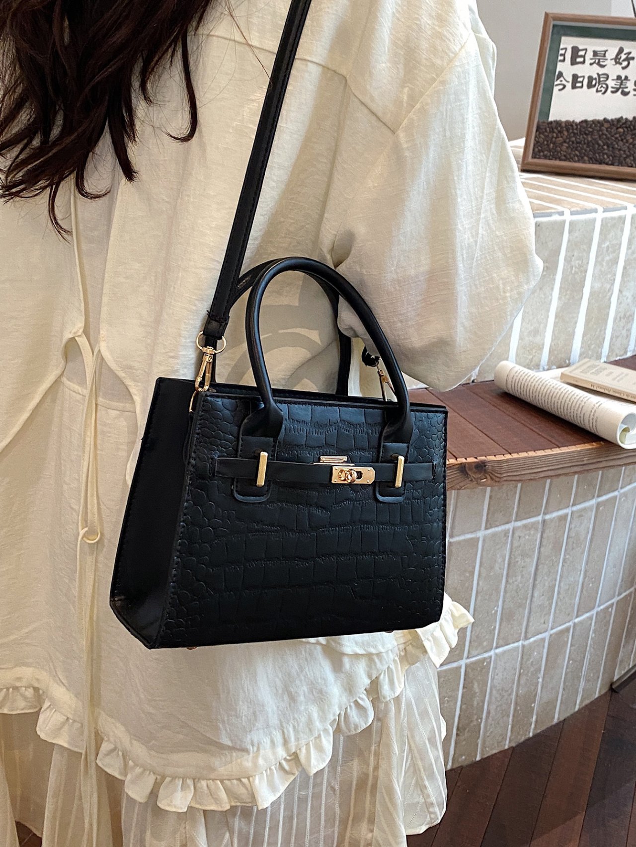 Black Croc-Embossed Shoulder Bag with Top Handle