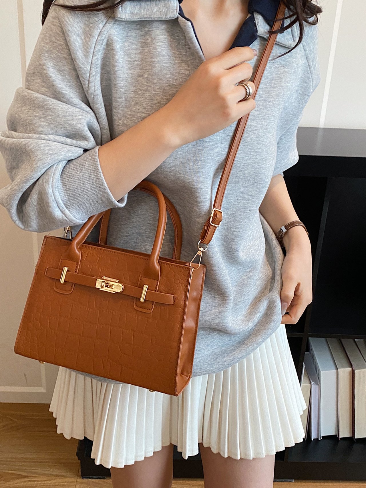 Brown Croc-Embossed Crossbody Bag 