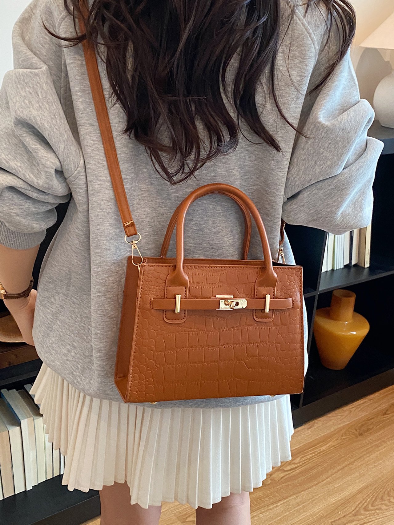 Brown Croc-Embossed Crossbody Bag 