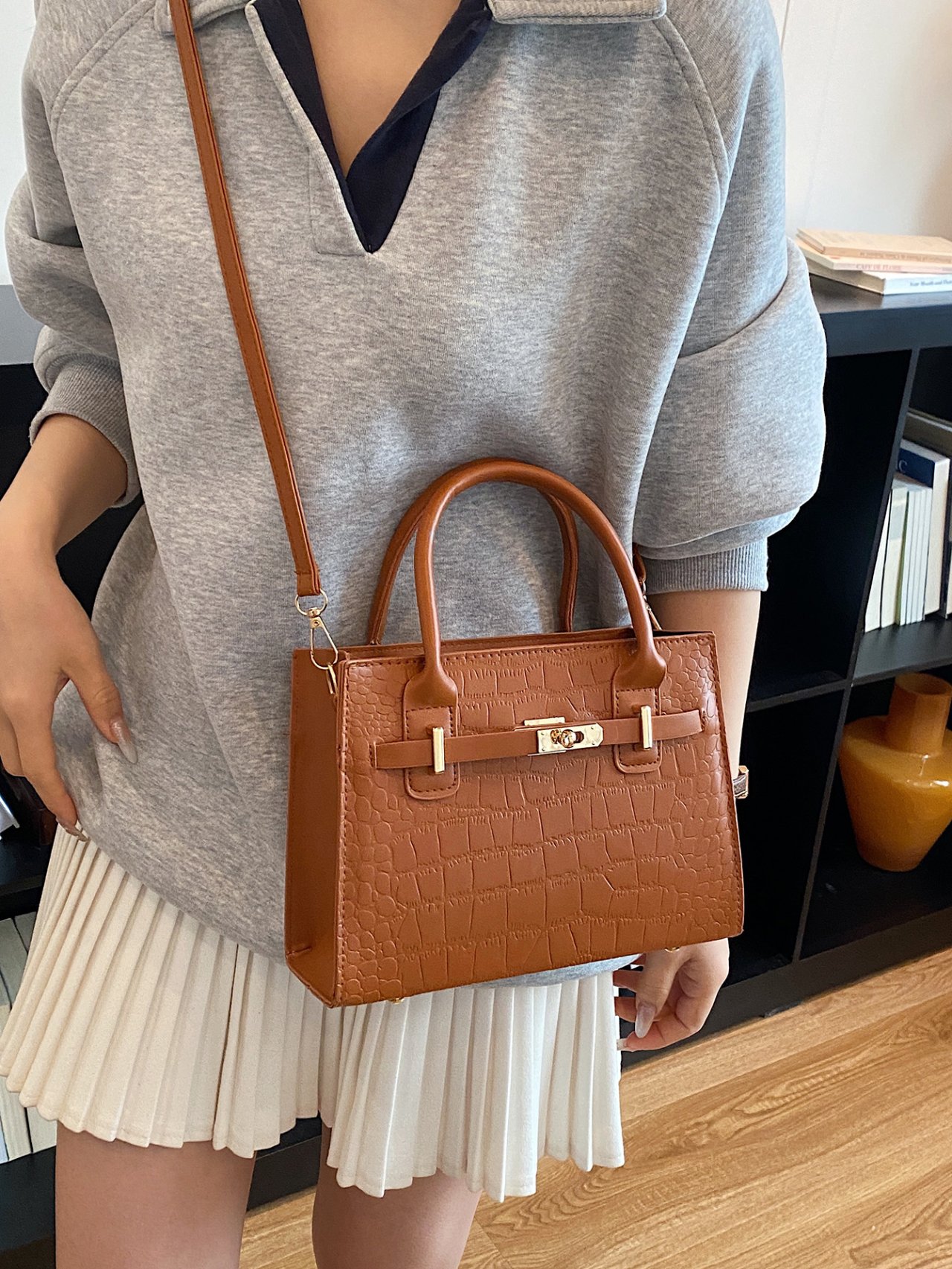 Brown Croc-Embossed Crossbody Bag 
