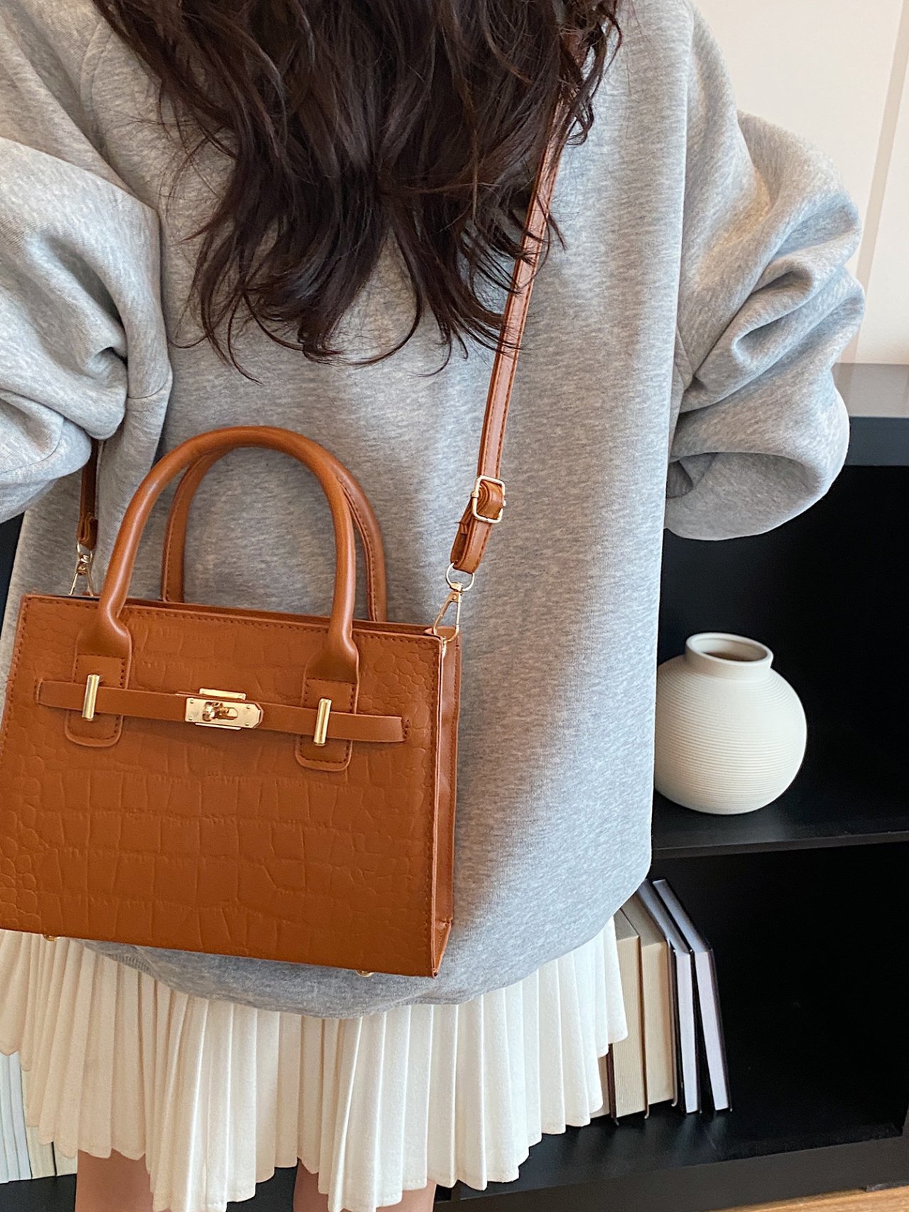 Brown Croc-Embossed Crossbody Bag 