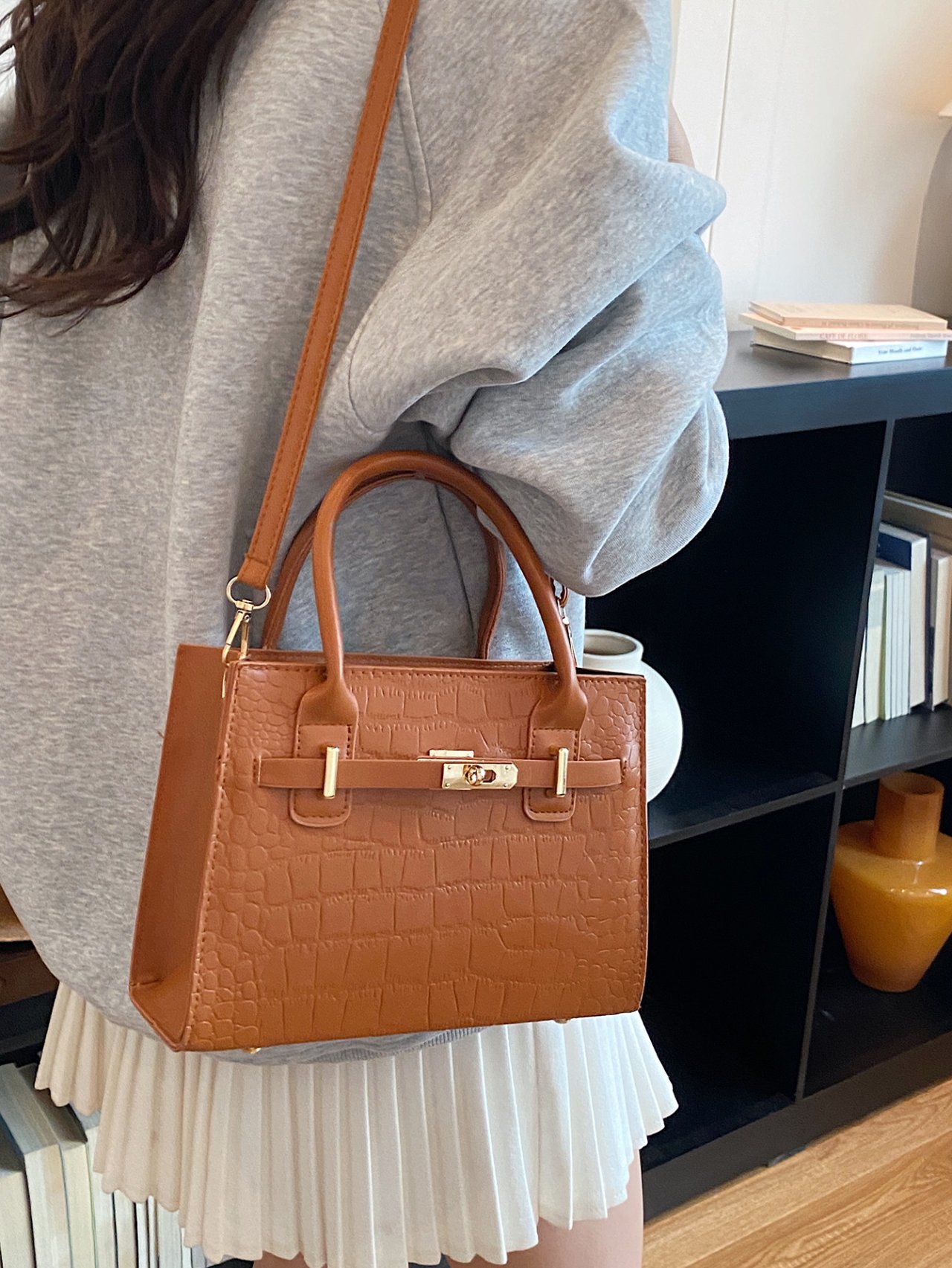 Brown Croc-Embossed Crossbody Bag 
