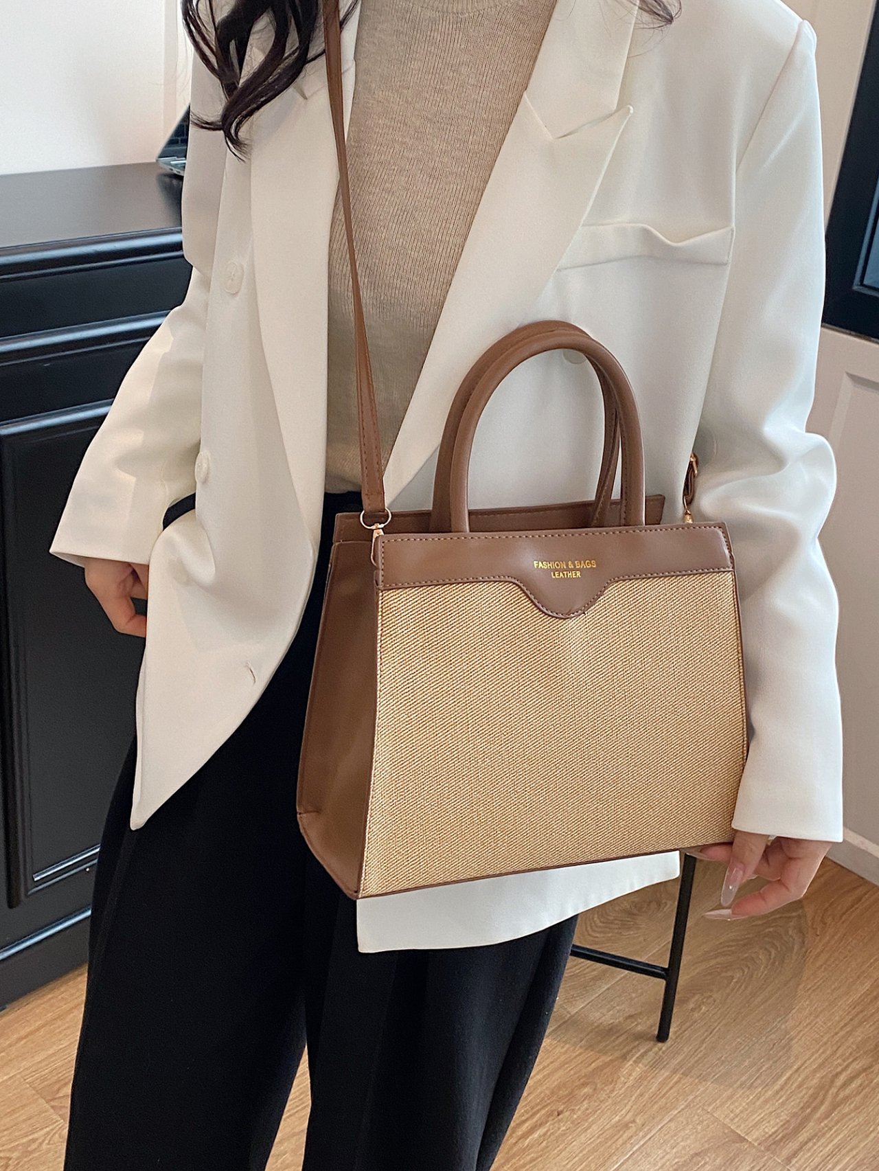 Brown Straw-Effect Shoulder Bag 