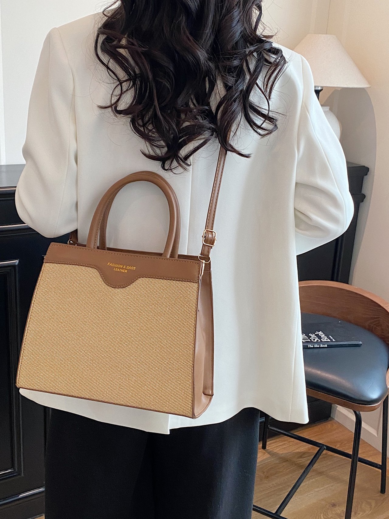 Brown Straw-Effect Shoulder Bag 