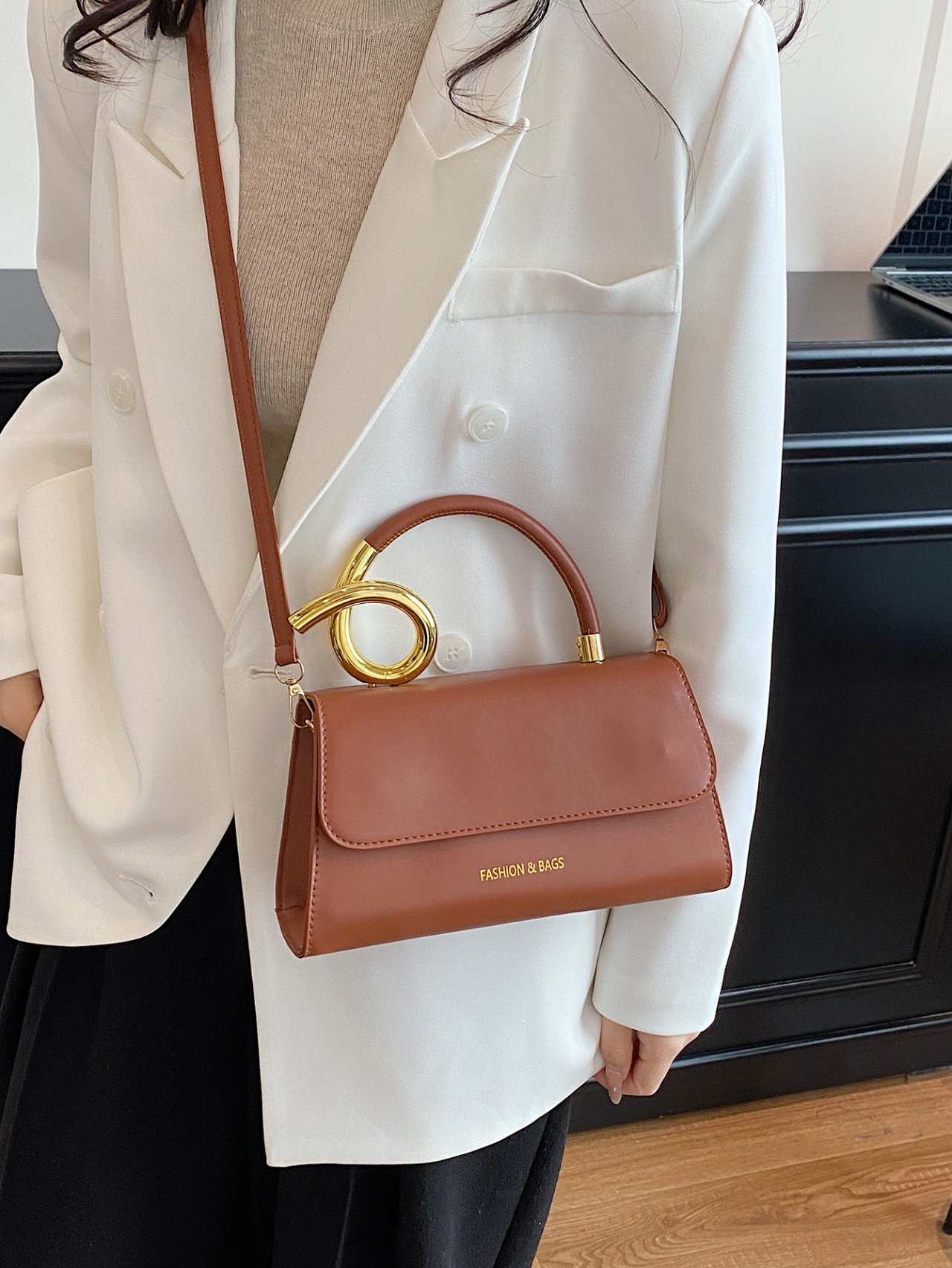 Brown Shoulder Bag with Unique Gold Handle