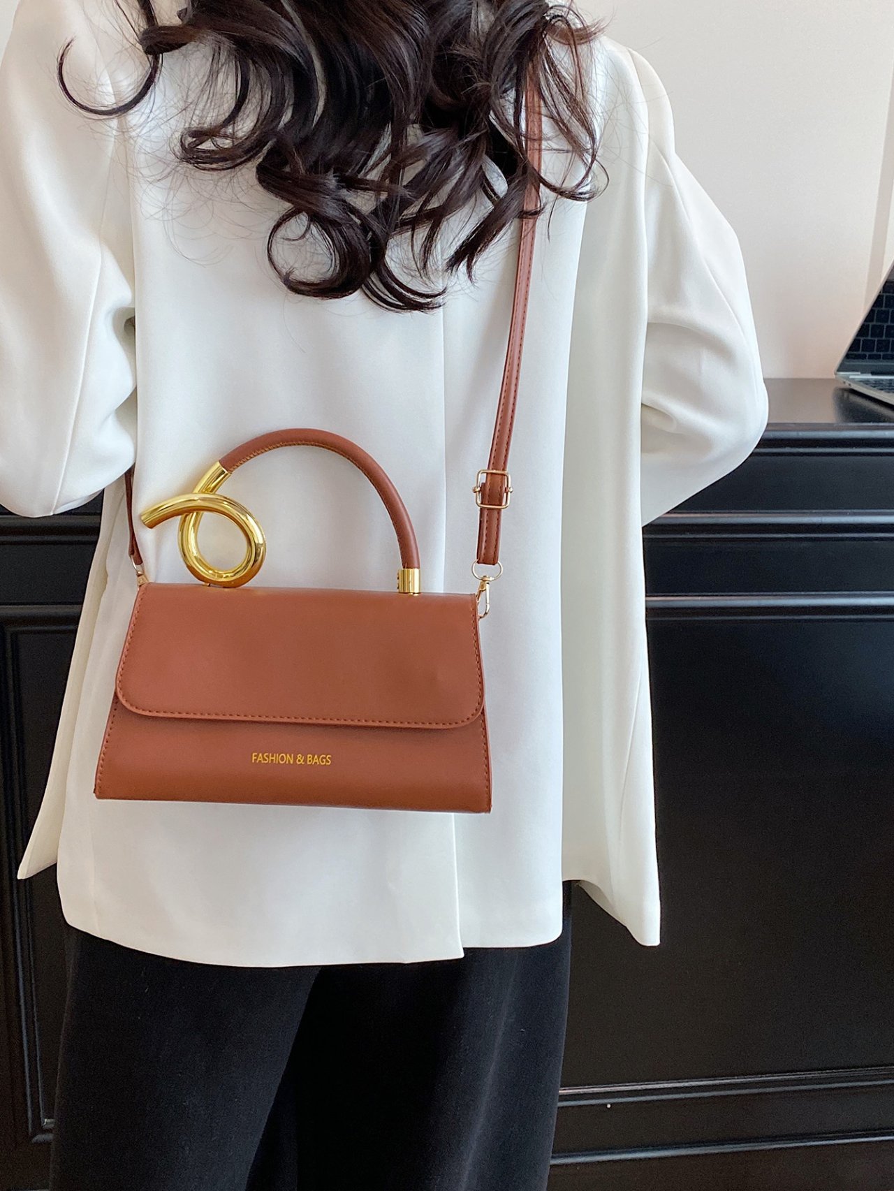 Brown Shoulder Bag with Unique Gold Handle