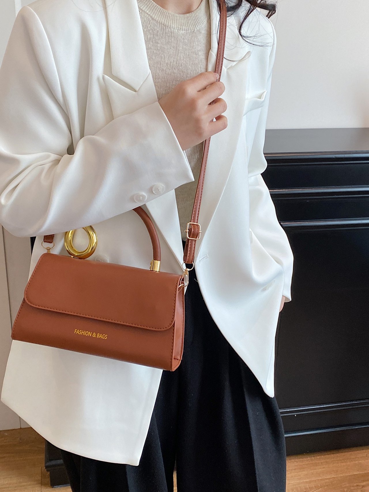 Brown Shoulder Bag with Unique Gold Handle