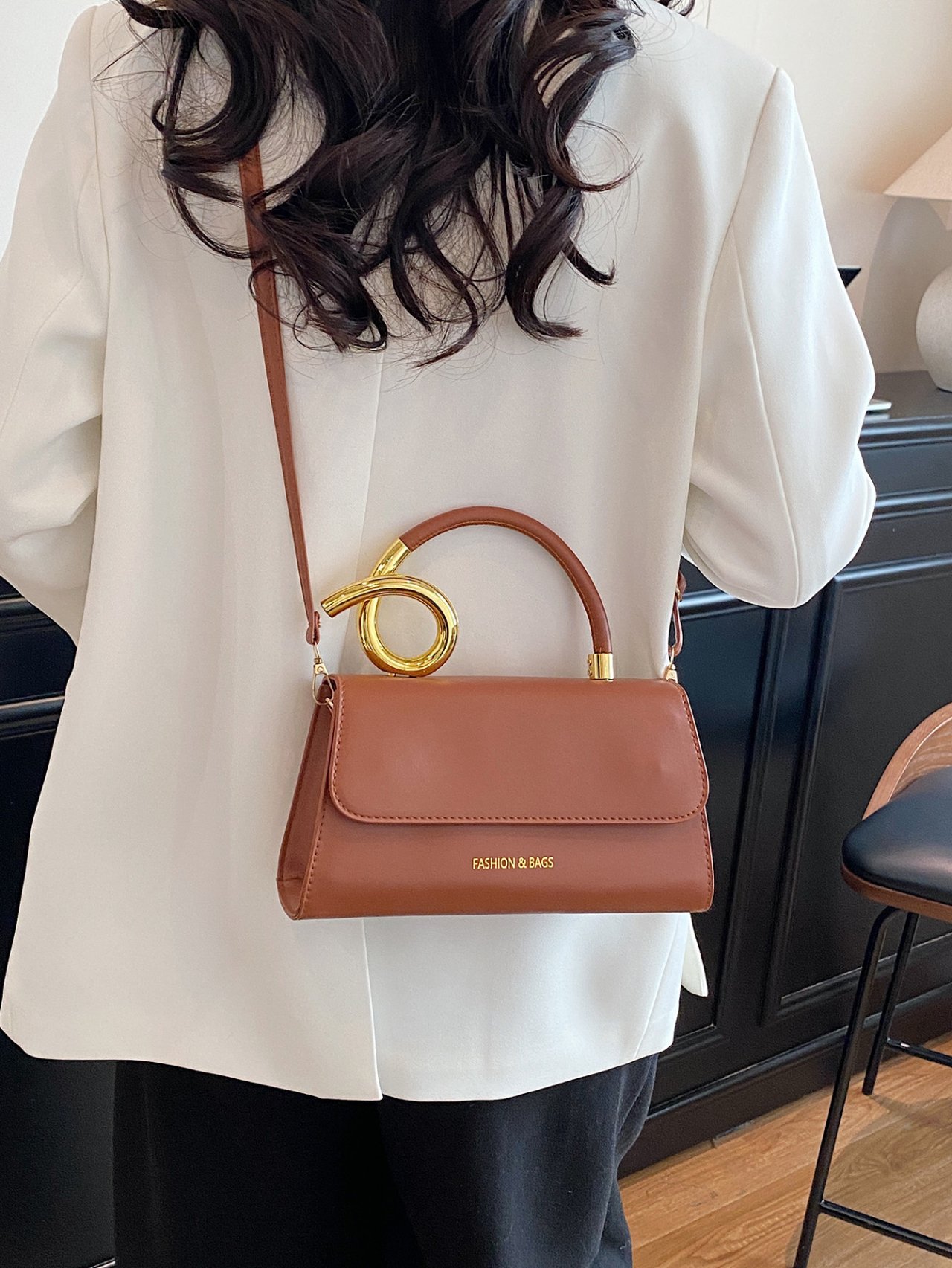 Brown Shoulder Bag with Unique Gold Handle