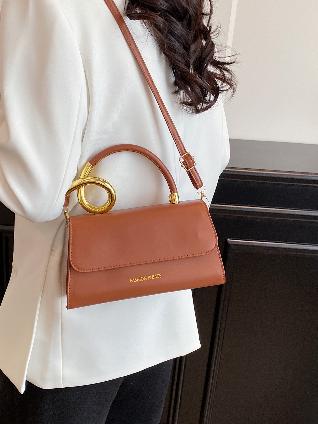 Brown Shoulder Bag with Unique Gold Handle