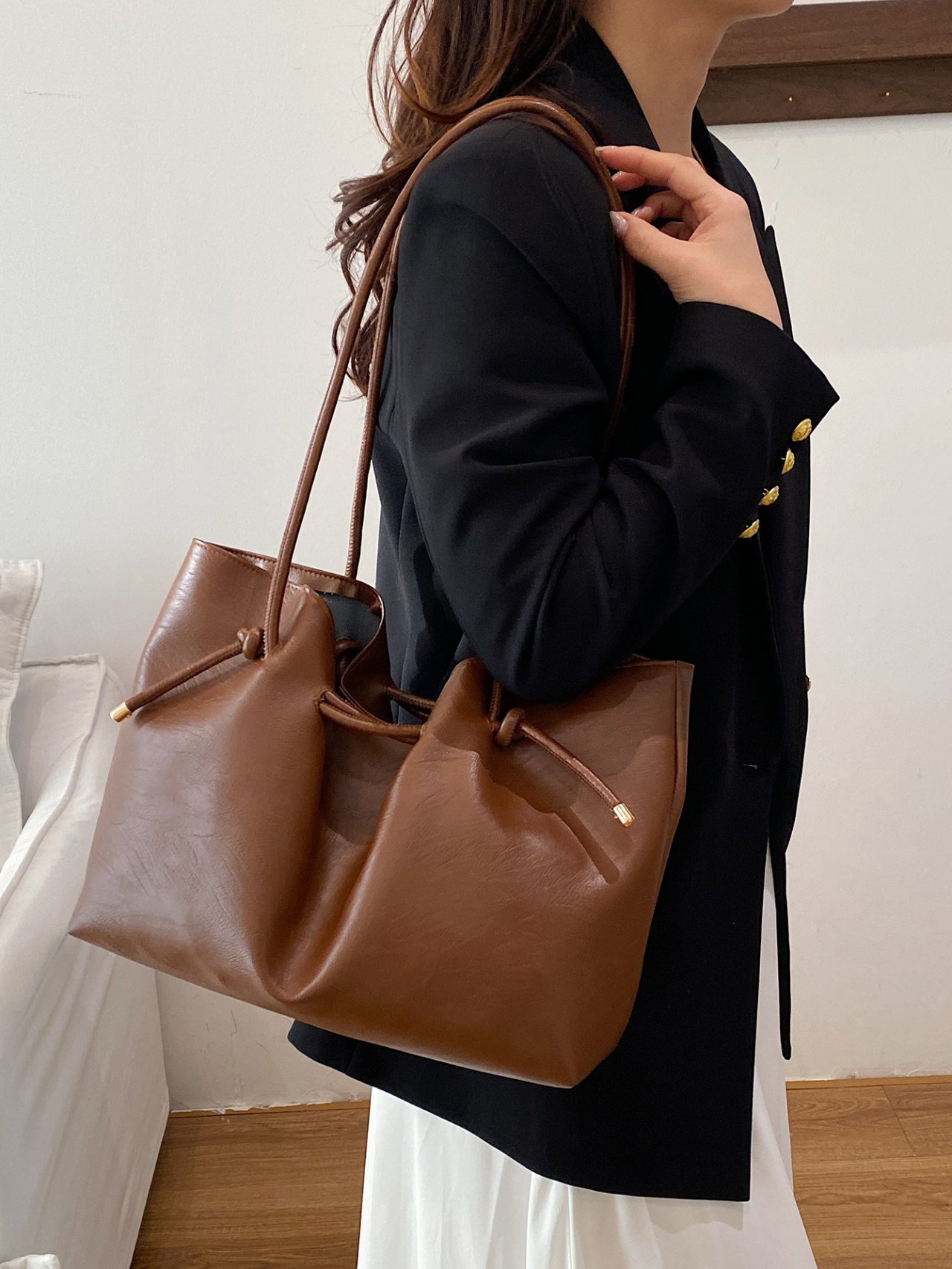 Brown Drawstring Crossbody Bag