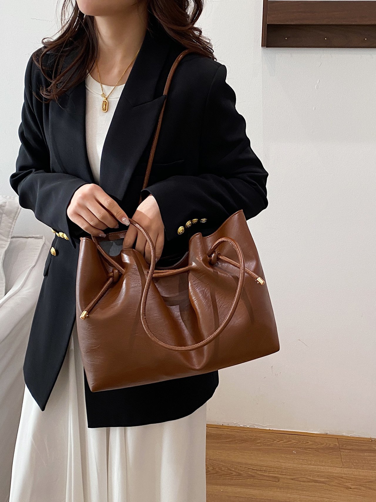 Brown Drawstring Crossbody Bag