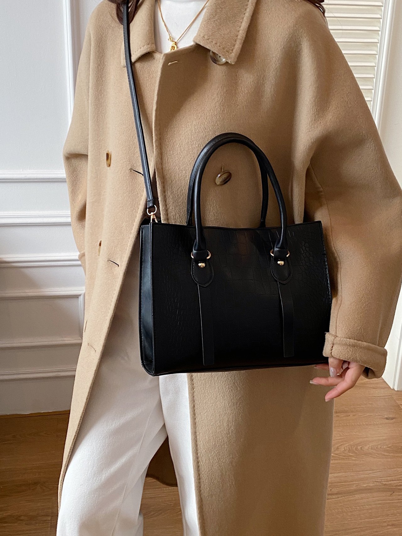 Black Croc-Embossed Crossbody Bag 