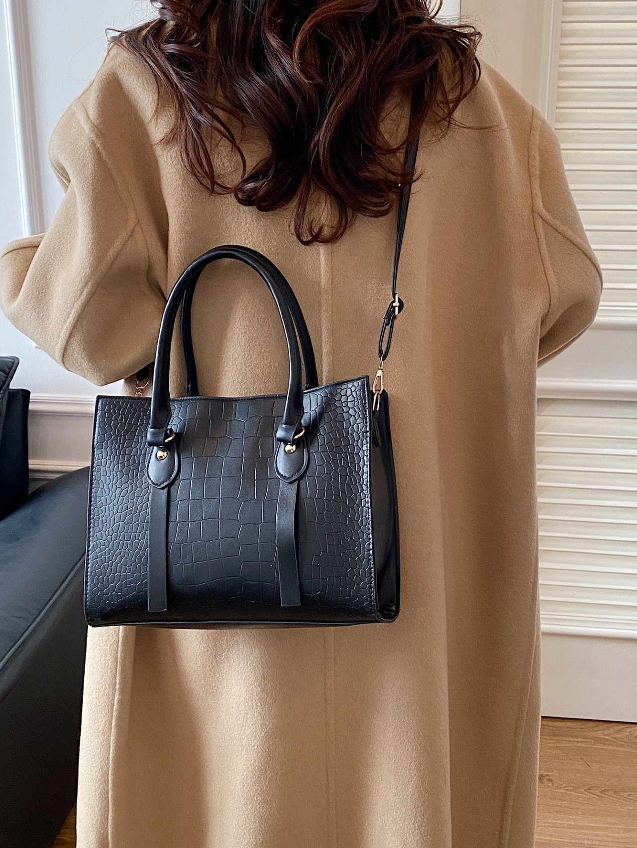 Black Croc-Embossed Crossbody Bag 