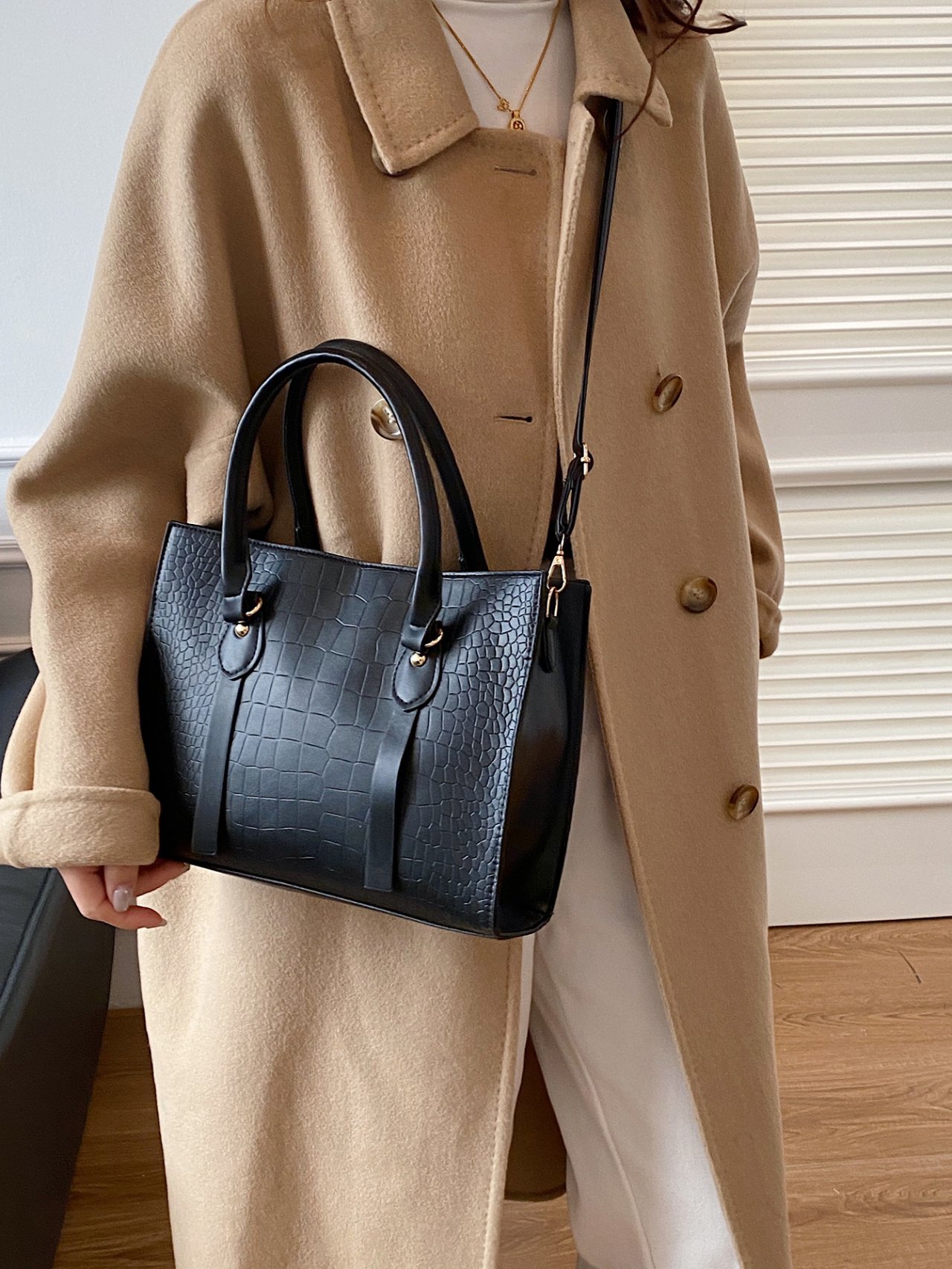 Black Croc-Embossed Crossbody Bag 