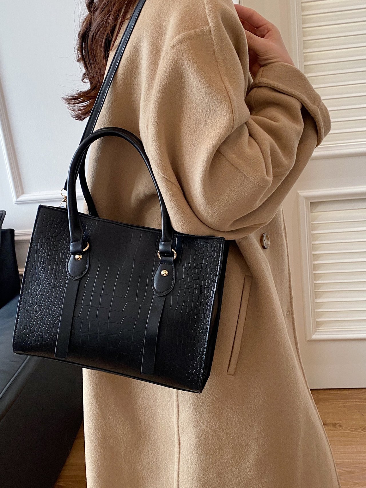 Black Croc-Embossed Crossbody Bag 