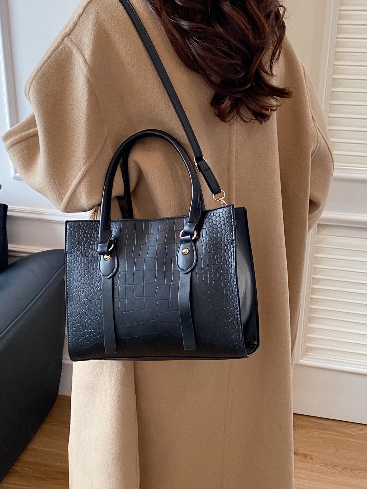 Black Croc-Embossed Crossbody Bag 