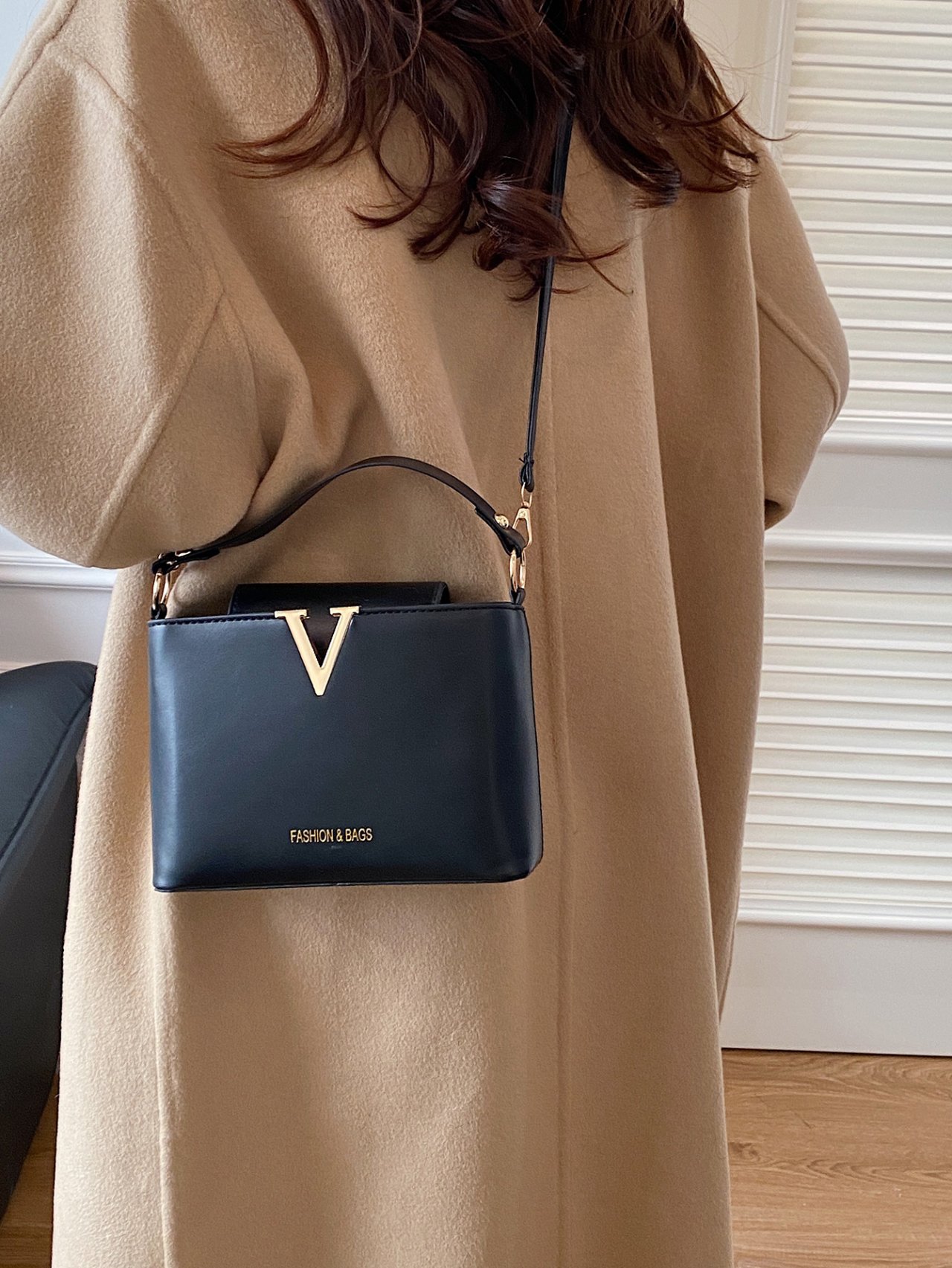 Black V-Accent Crossbody Bag 