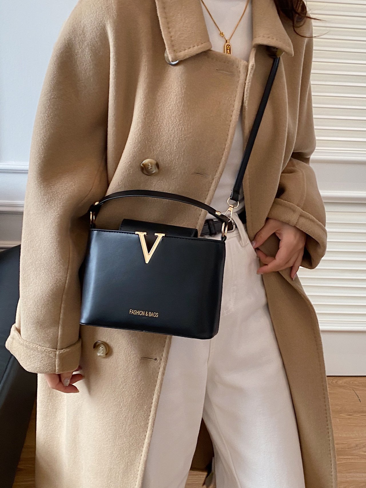 Black V-Accent Crossbody Bag 