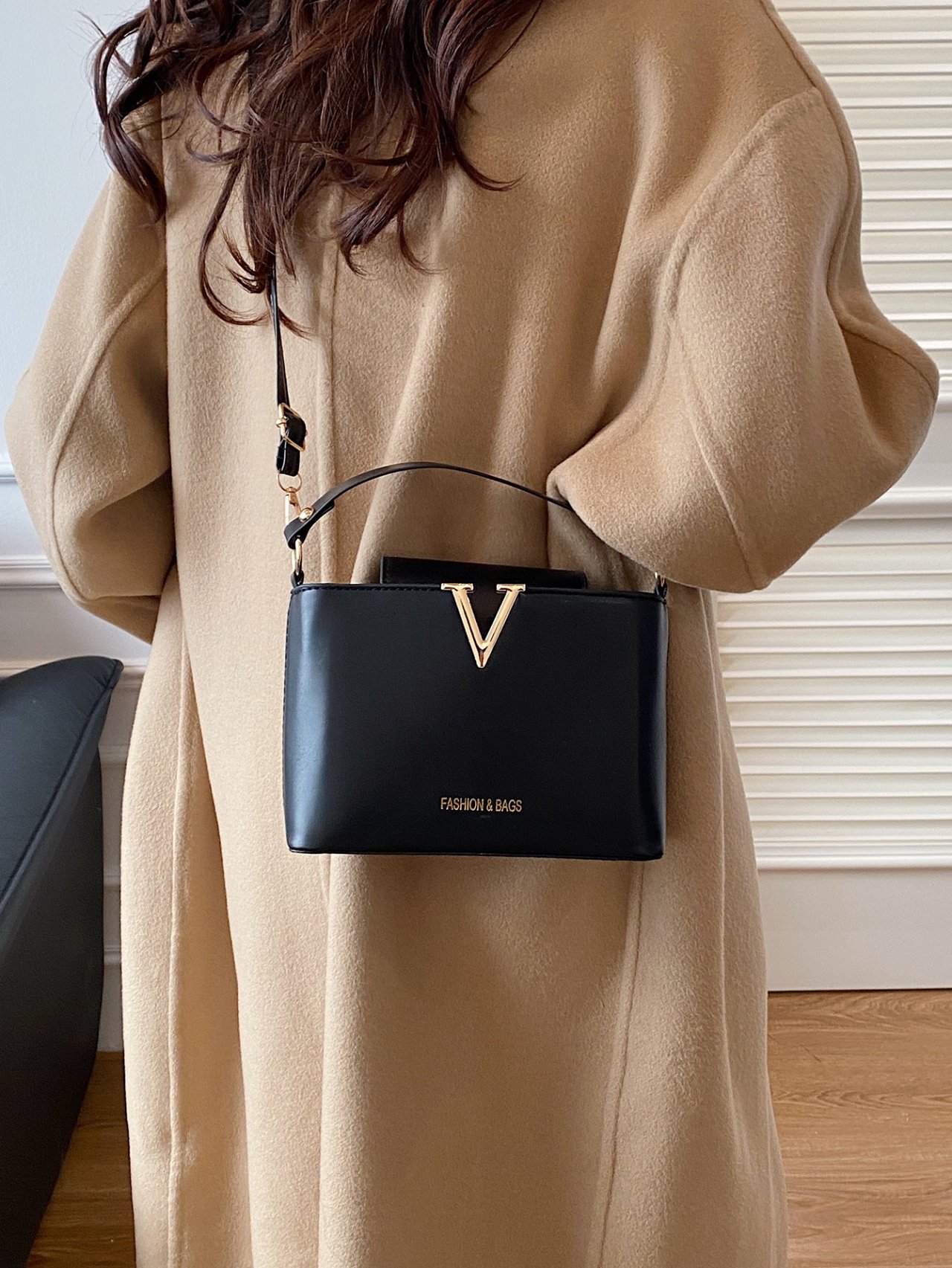 Black V-Accent Crossbody Bag 