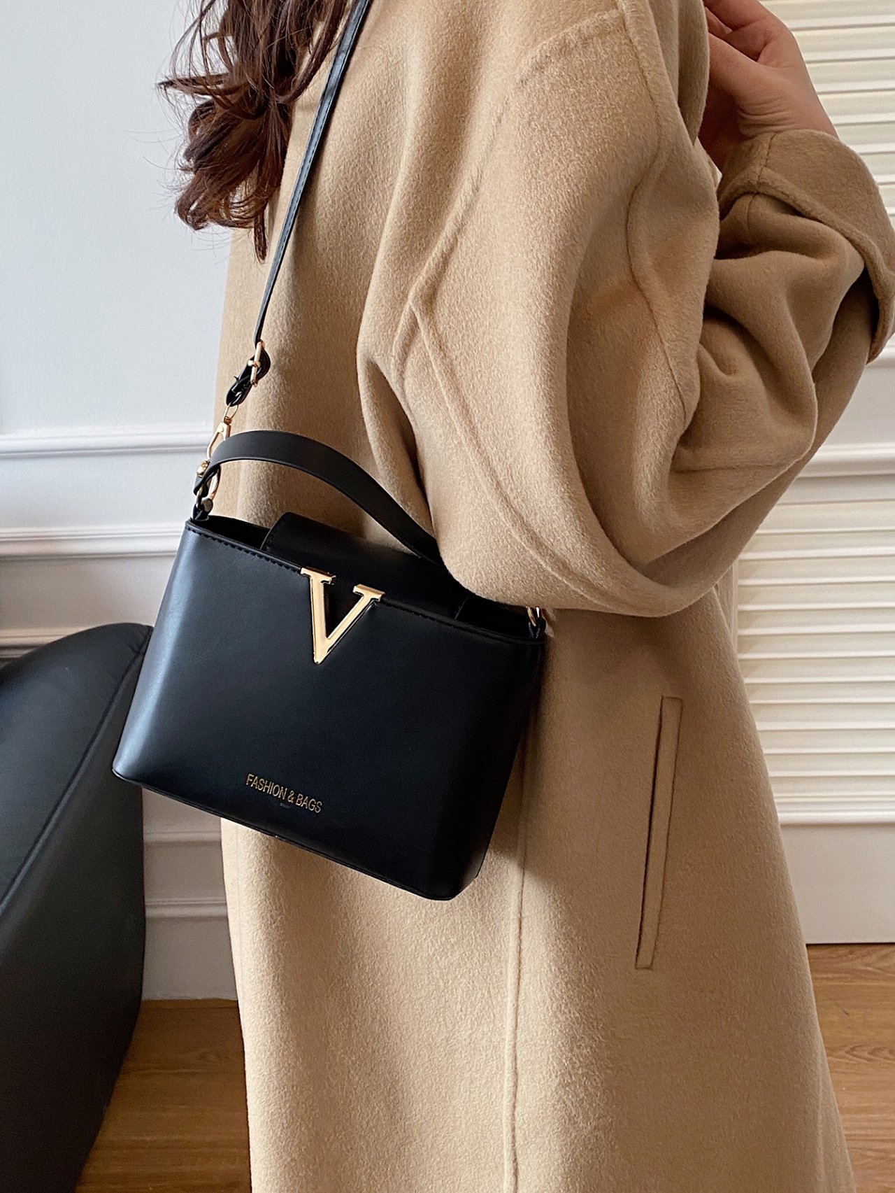 Black V-Accent Crossbody Bag 