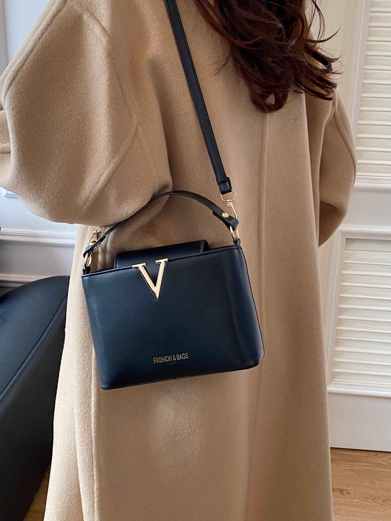 Black V-Accent Crossbody Bag 