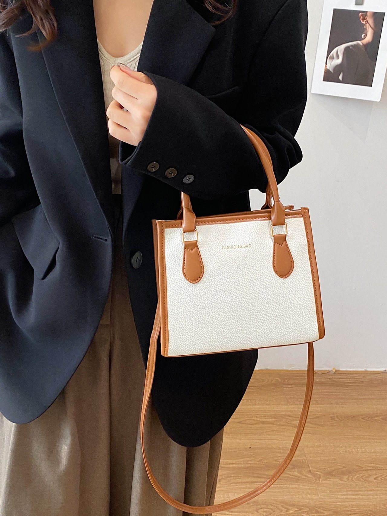 White Crossbody Bag with Tan Trim