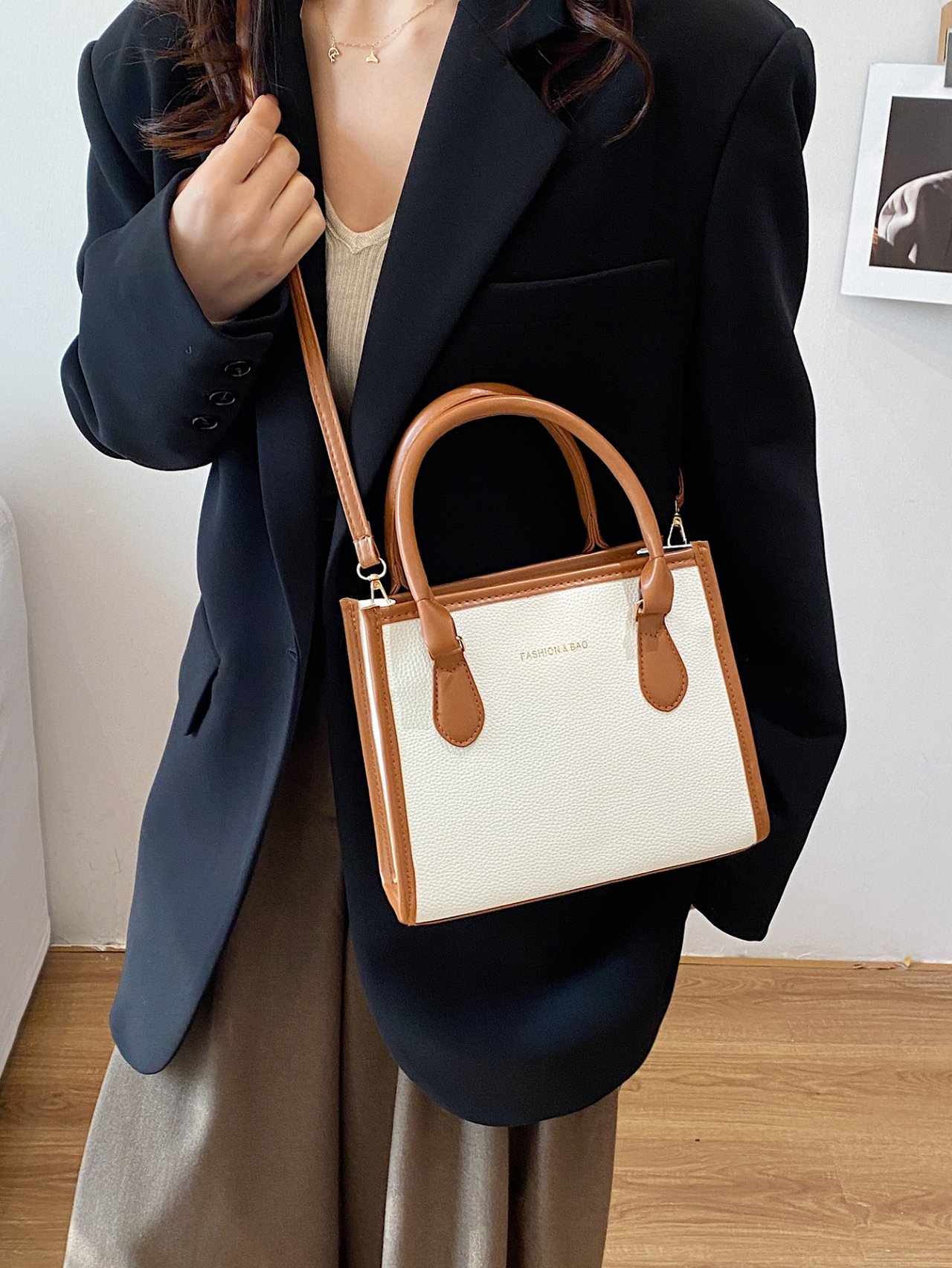 White Crossbody Bag with Tan Trim