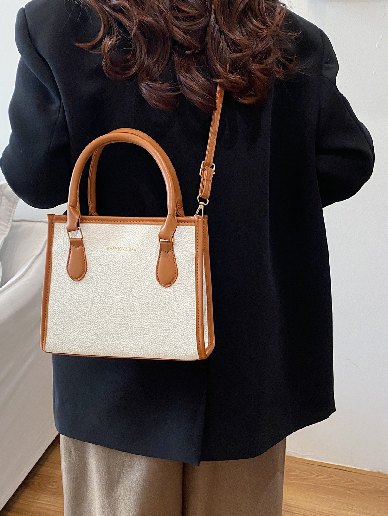 White Crossbody Bag with Tan Trim