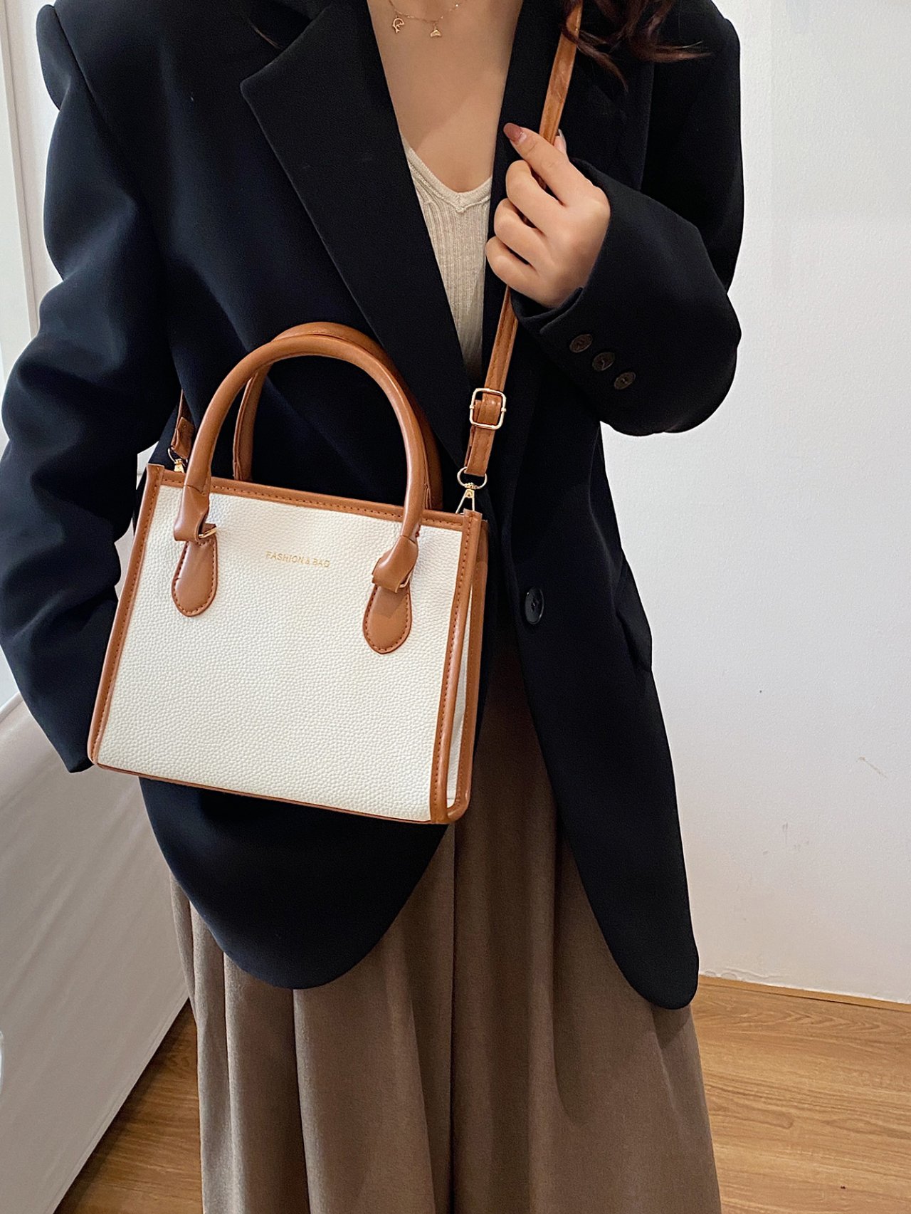 White Crossbody Bag with Tan Trim