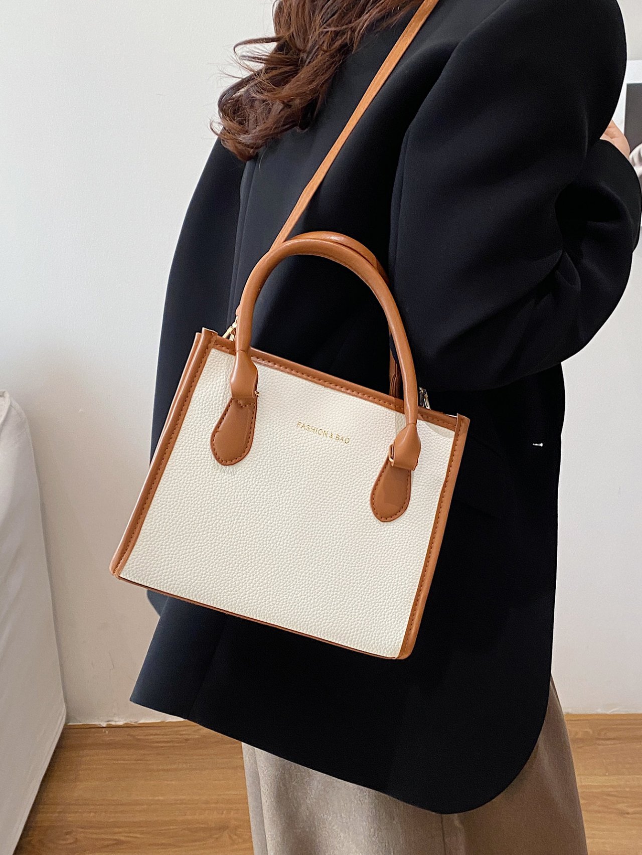 White Crossbody Bag with Tan Trim