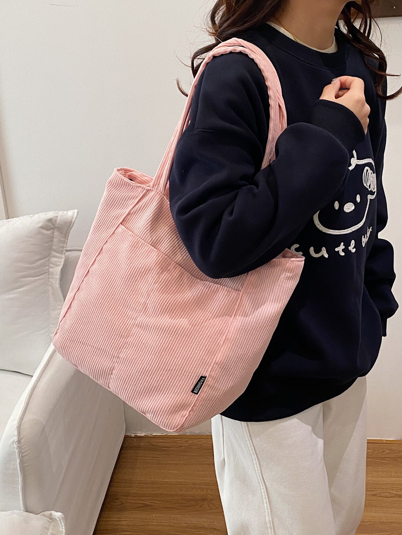 Pink Corduroy Crossbody Bag 
