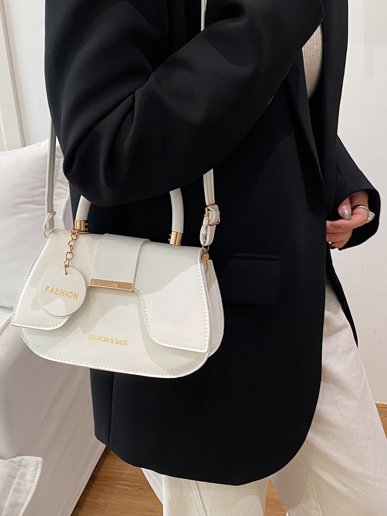 White Crossbody Bag with Fashion Pendant