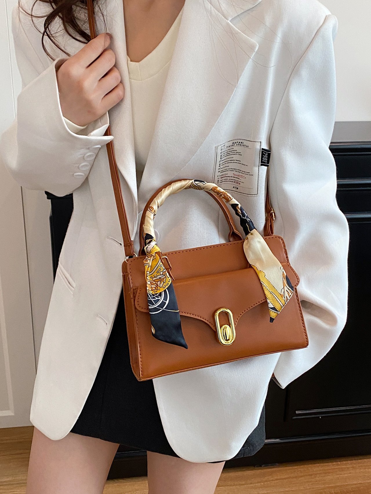 Brown Crossbody Bag with Scarf Detail
