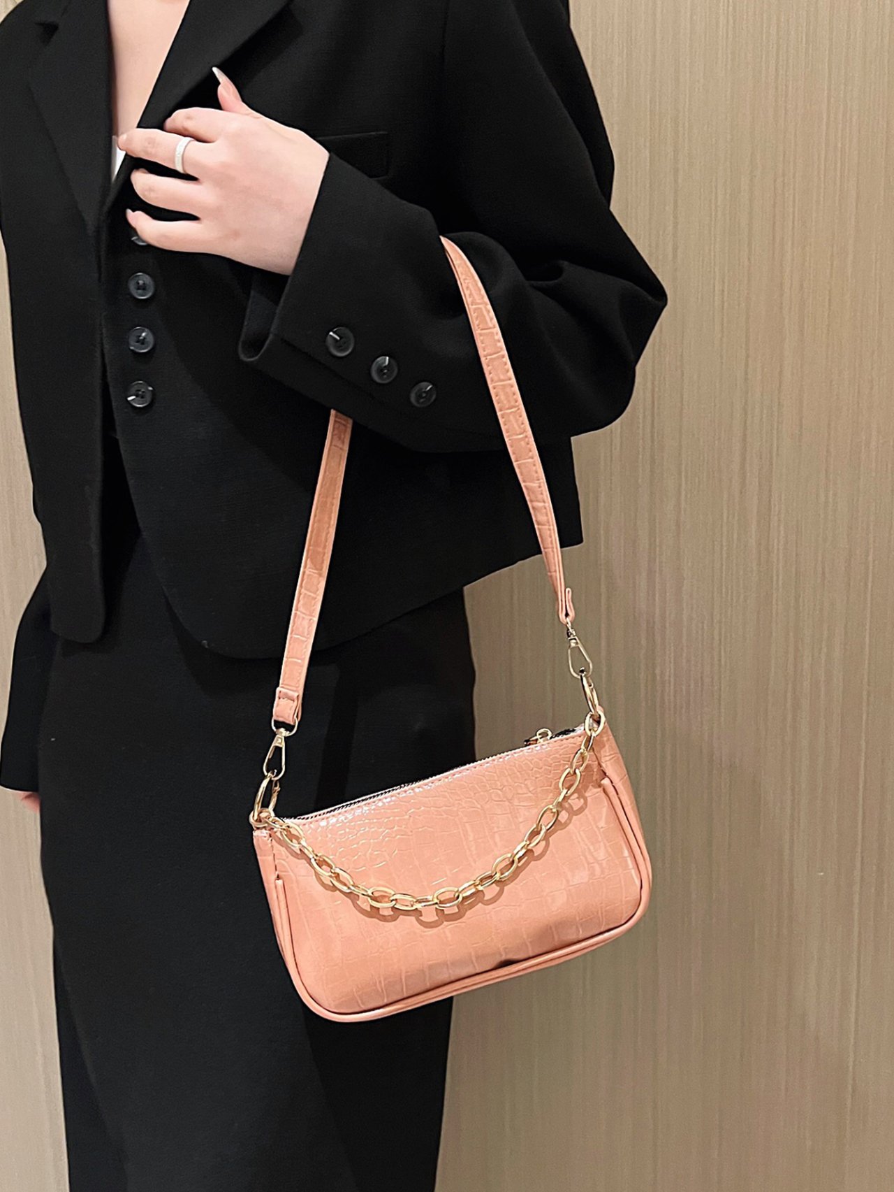 Pink Croc-Embossed Shoulder Bag with Gold Chain