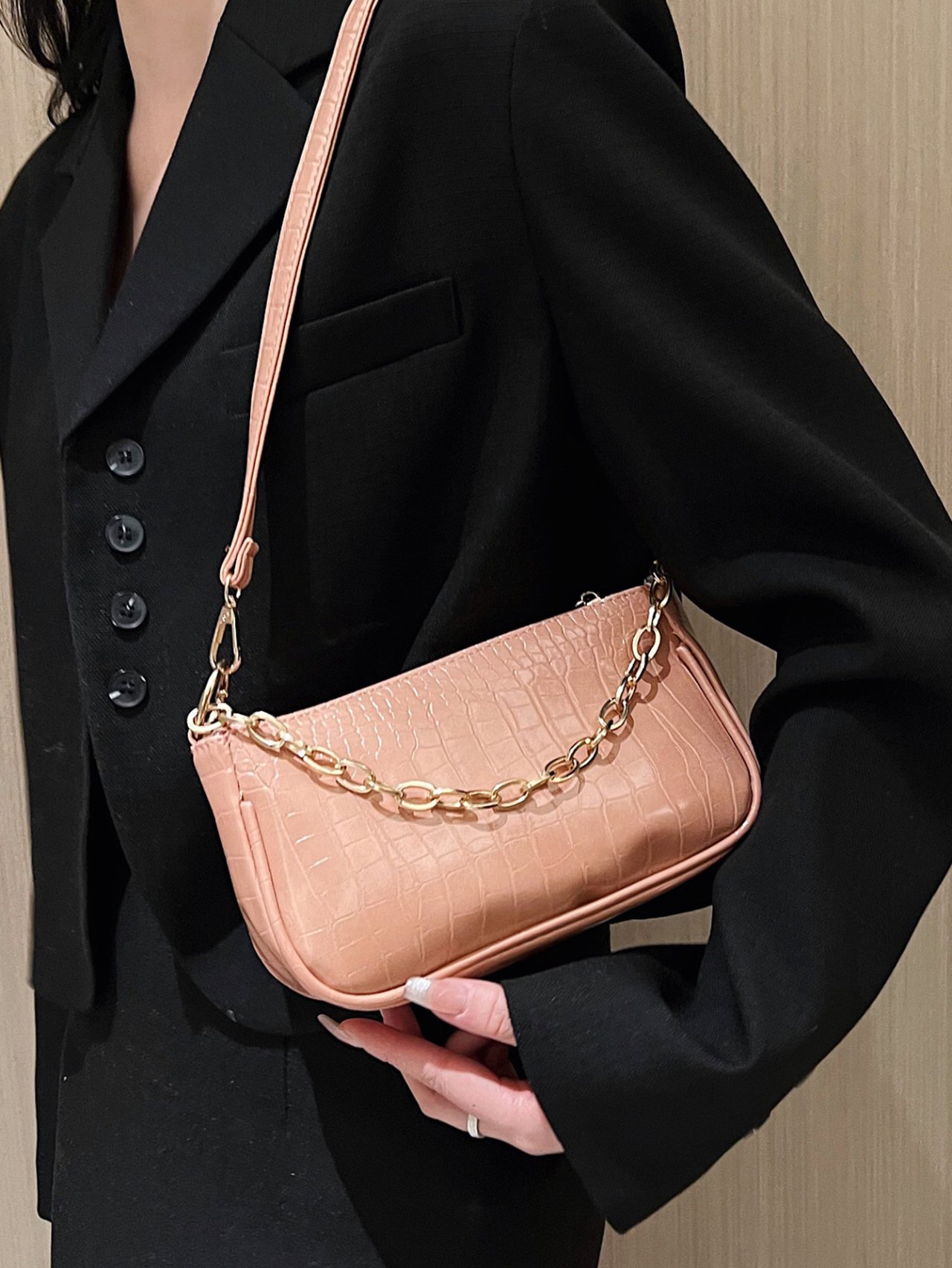 Pink Croc-Embossed Shoulder Bag with Gold Chain