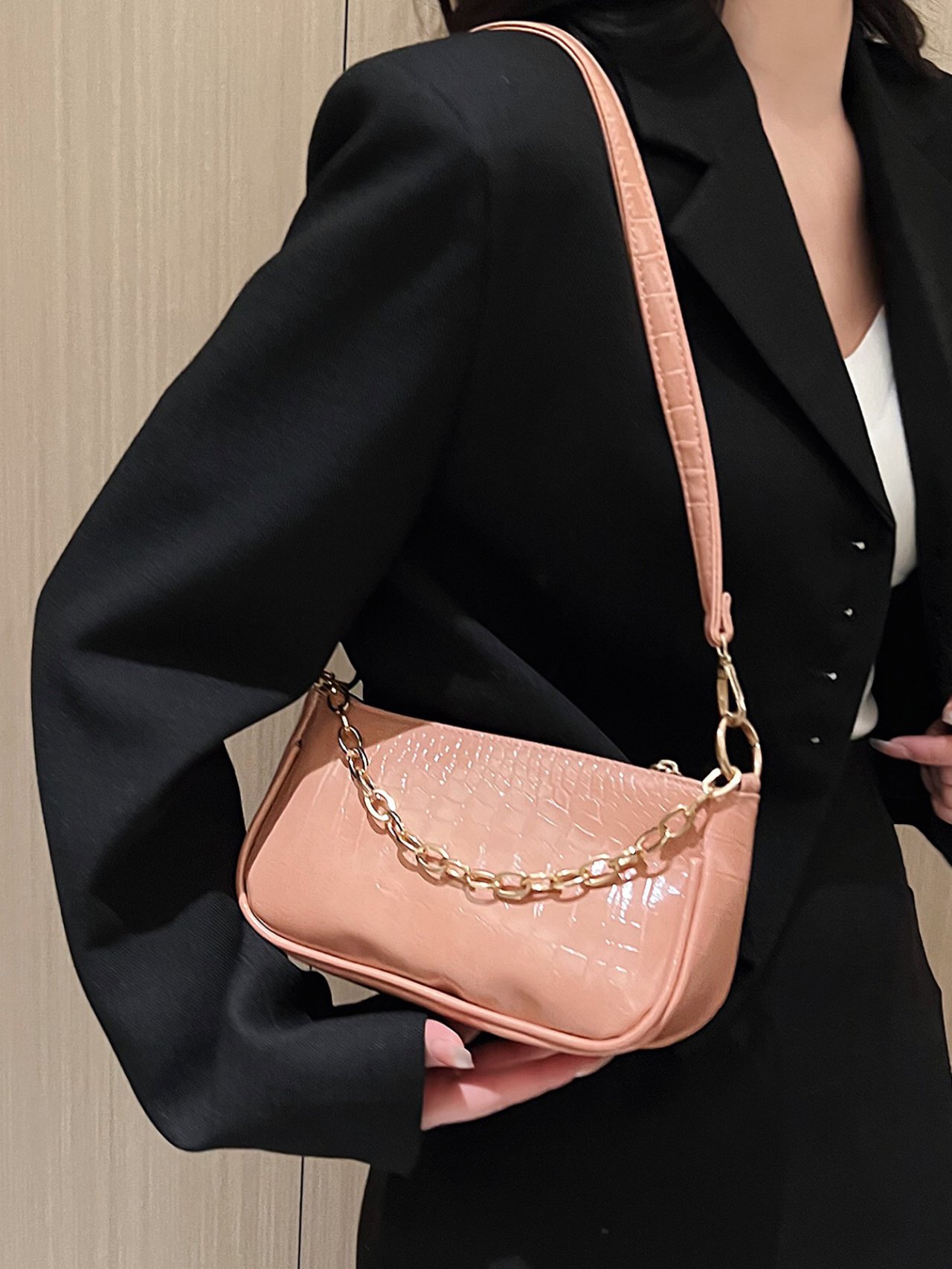 Pink Croc-Embossed Shoulder Bag with Gold Chain