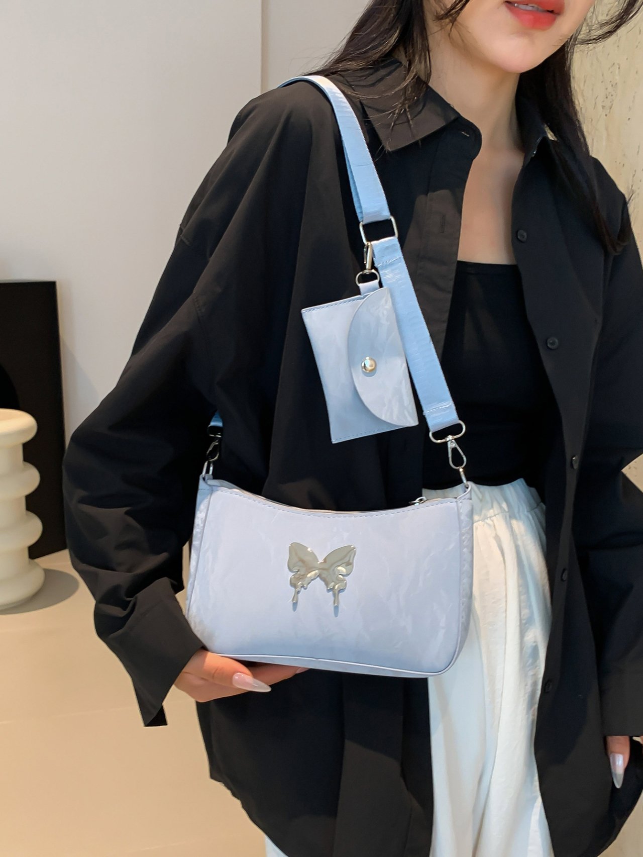 Blue Crossbody Bag with Butterfly Charm