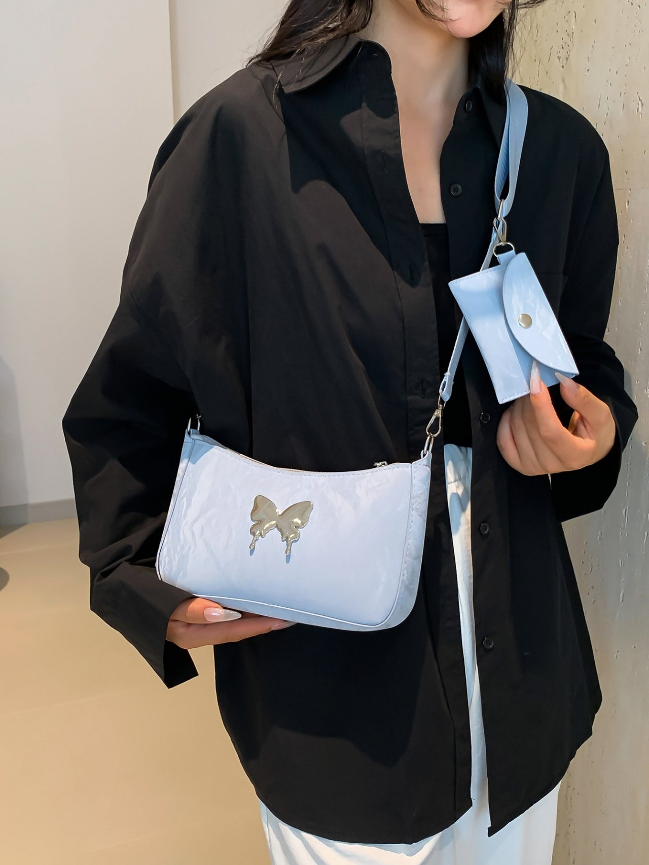Blue Crossbody Bag with Butterfly Charm