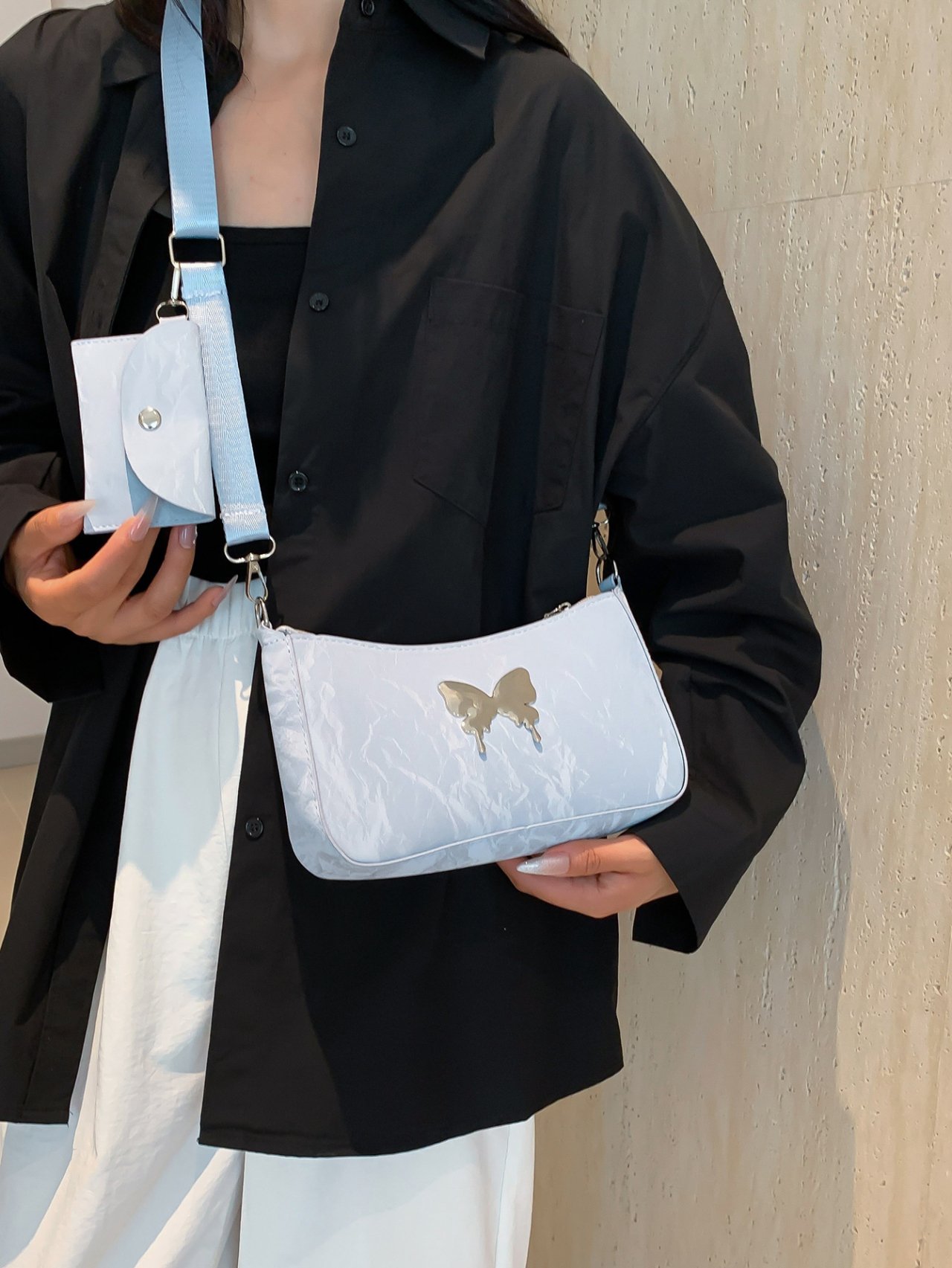 Blue Crossbody Bag with Butterfly Charm