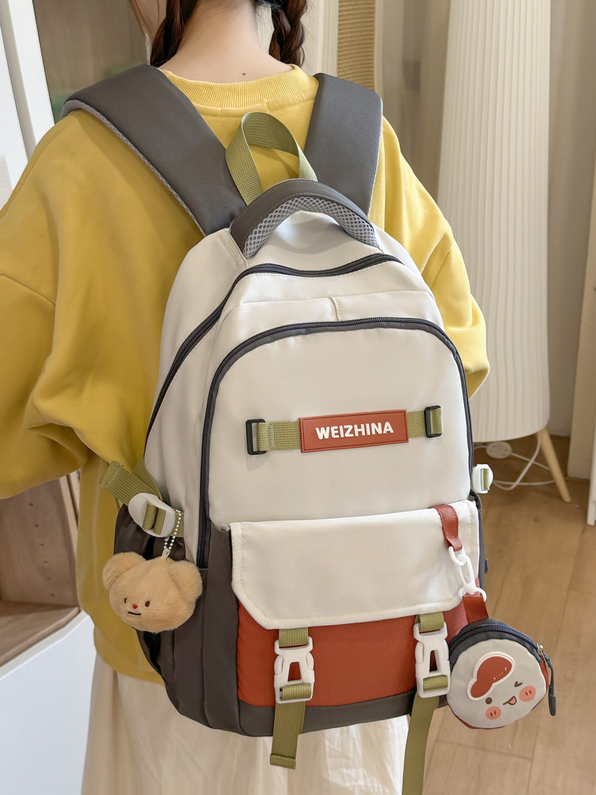 Grey Backpack with Cute Charm