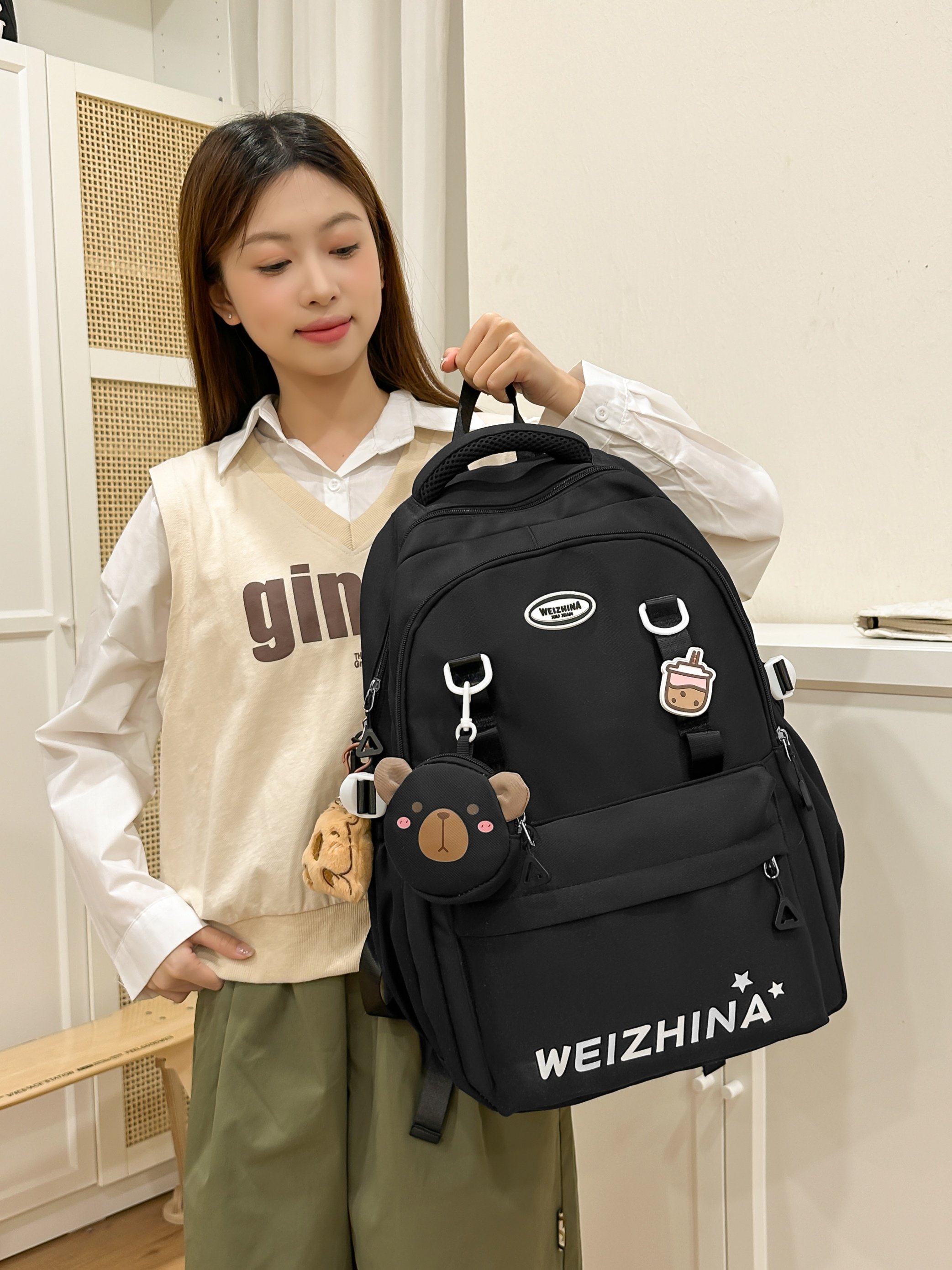 Black Backpack with Bear Charms