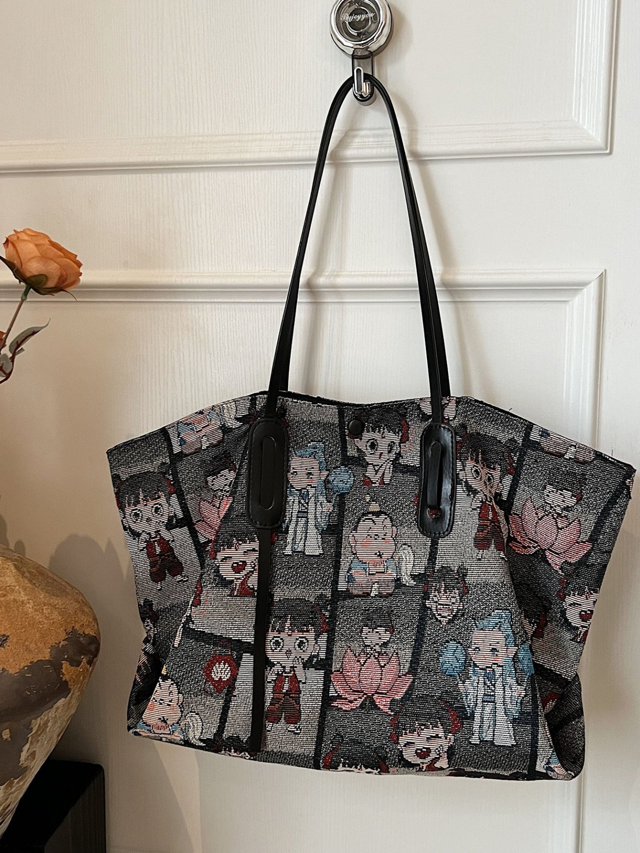 Black Crossbody Shoulder Bag with Cartoon Print
